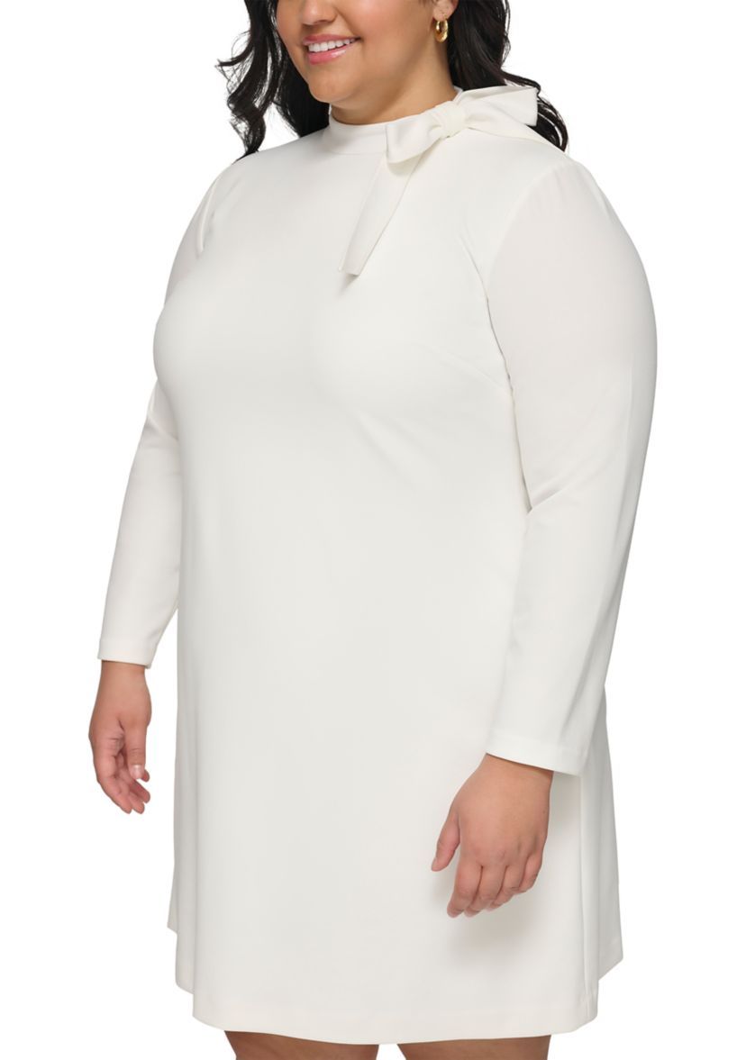Plus Size Long Sleeve Tie Neck Solid Sheath Dress