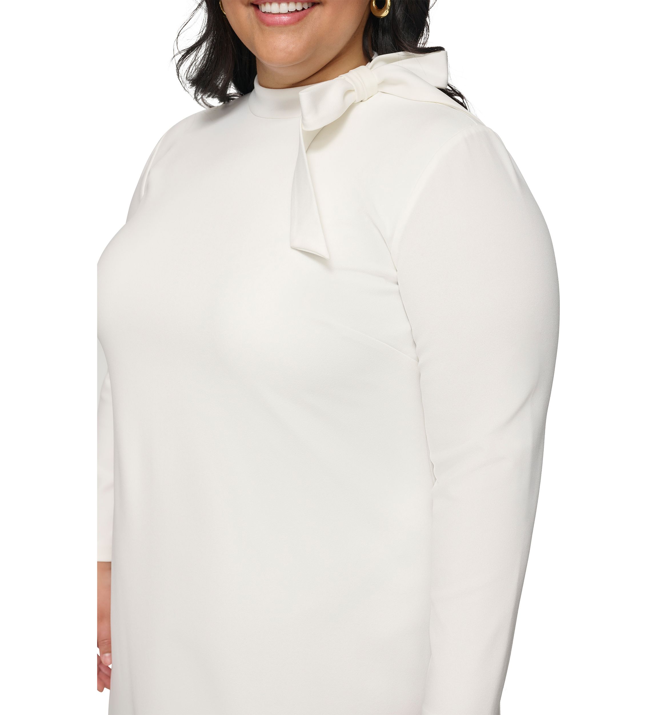 Plus Size Long Sleeve Tie Neck Solid Sheath Dress
