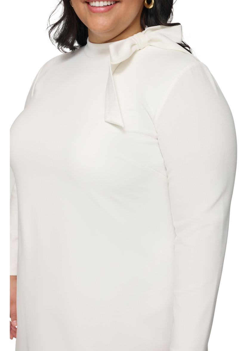 Plus Size Long Sleeve Tie Neck Solid Sheath Dress