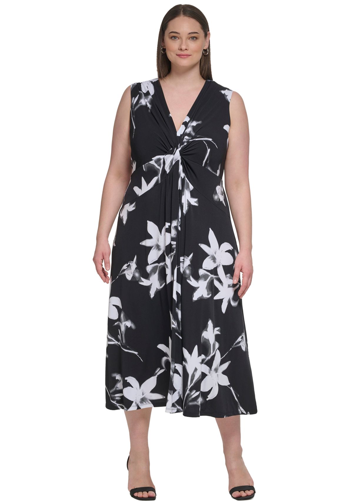 Plus Size Sleeveless V-Neck Floral Fit and Flare Midi Dress