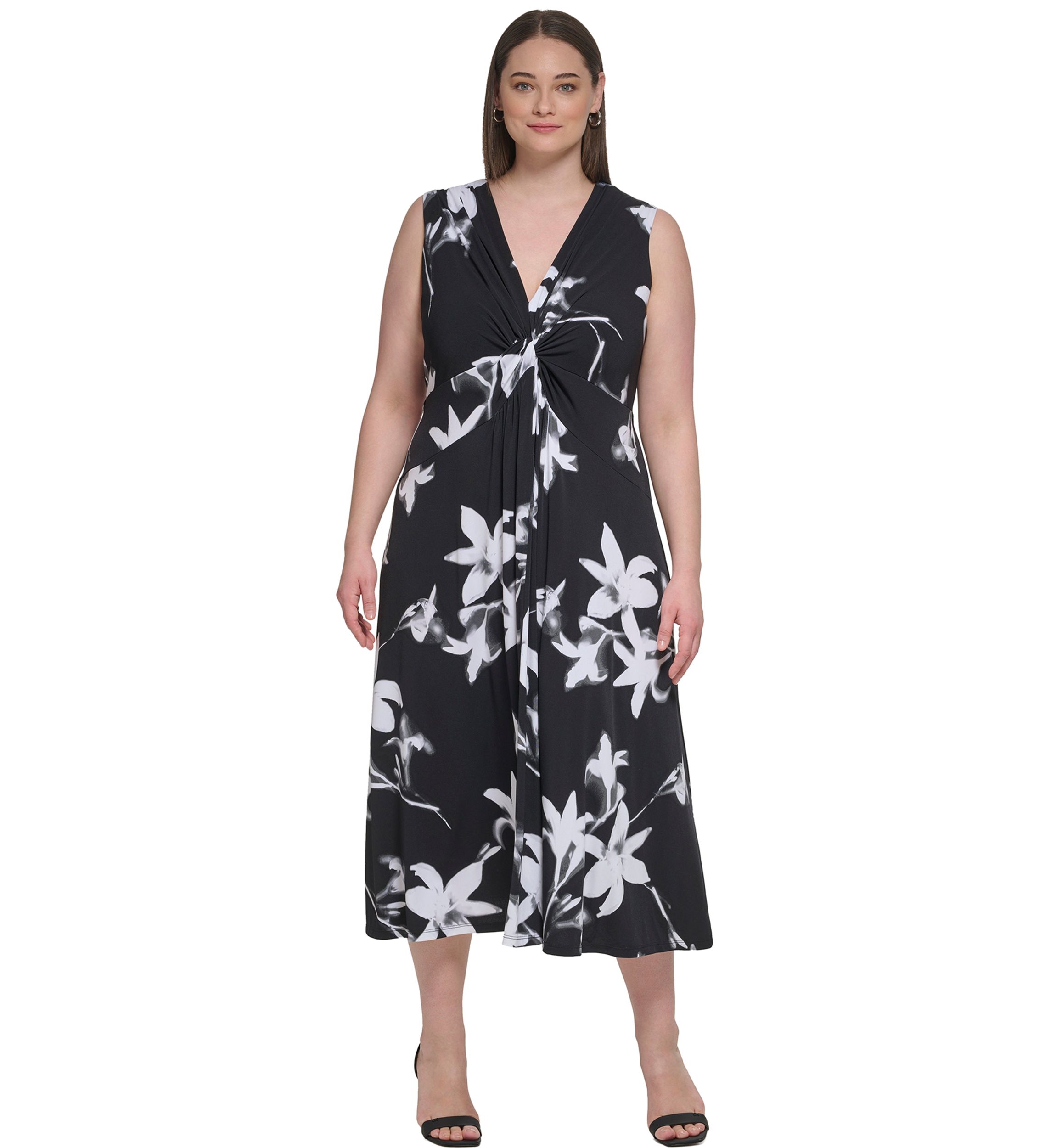 Plus Size Sleeveless V-Neck Floral Fit and Flare Midi Dress