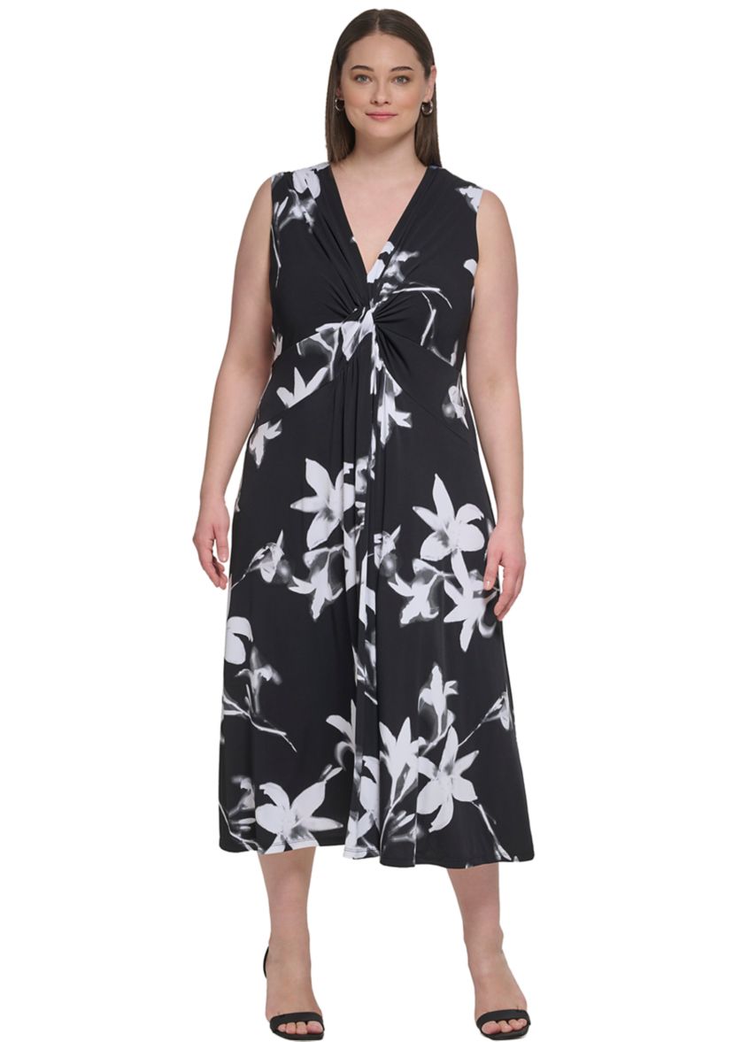 Plus Size Sleeveless V-Neck Floral Fit and Flare Midi Dress