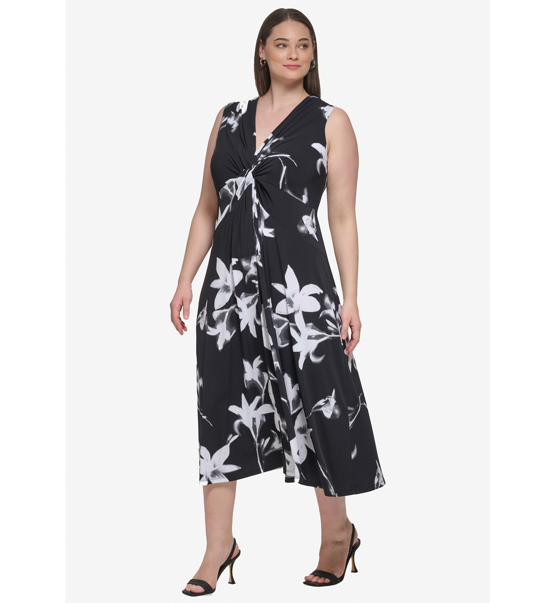 Plus Size Sleeveless V-Neck Floral Fit and Flare Midi Dress