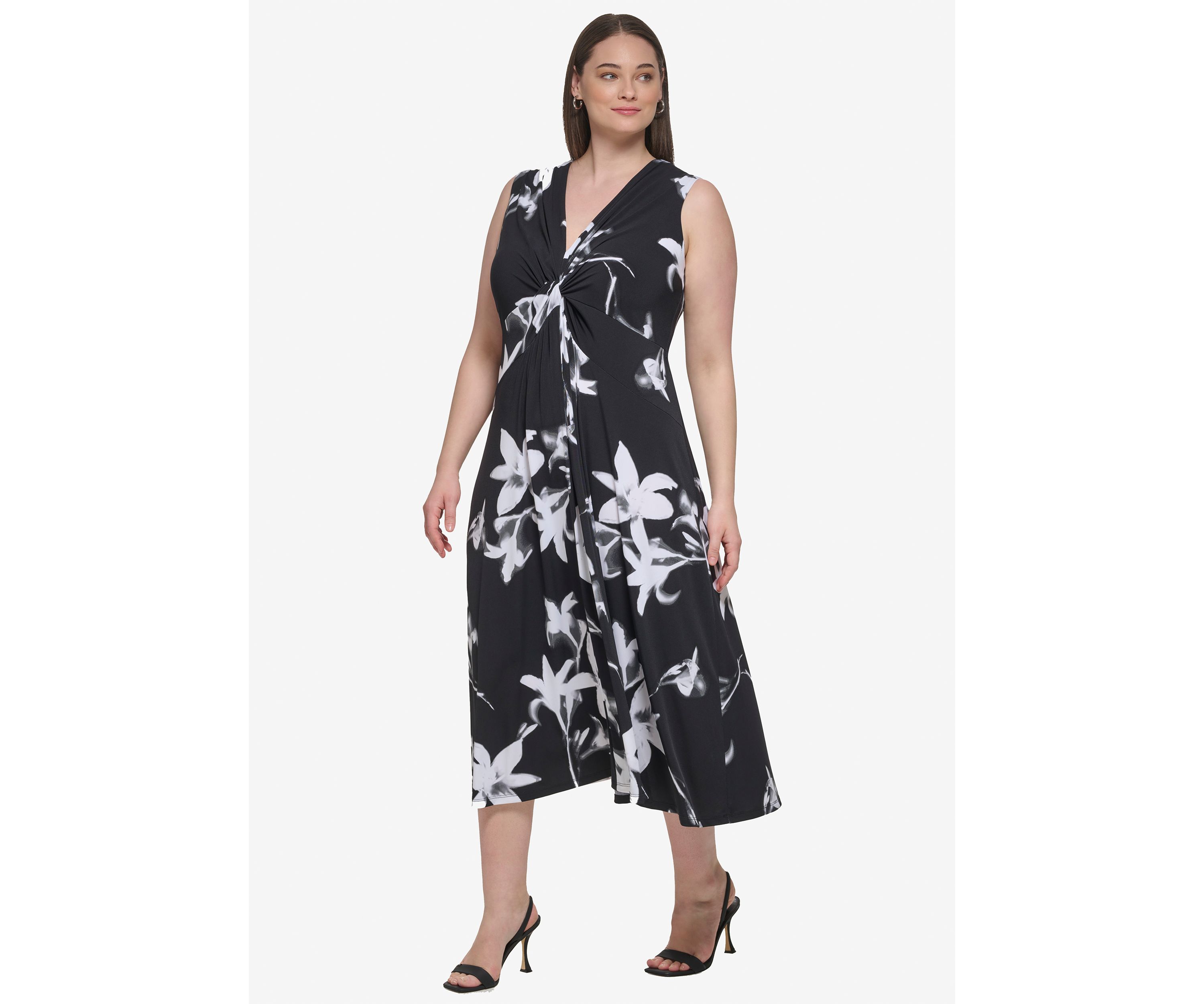 Plus Size Sleeveless V-Neck Floral Fit and Flare Midi Dress