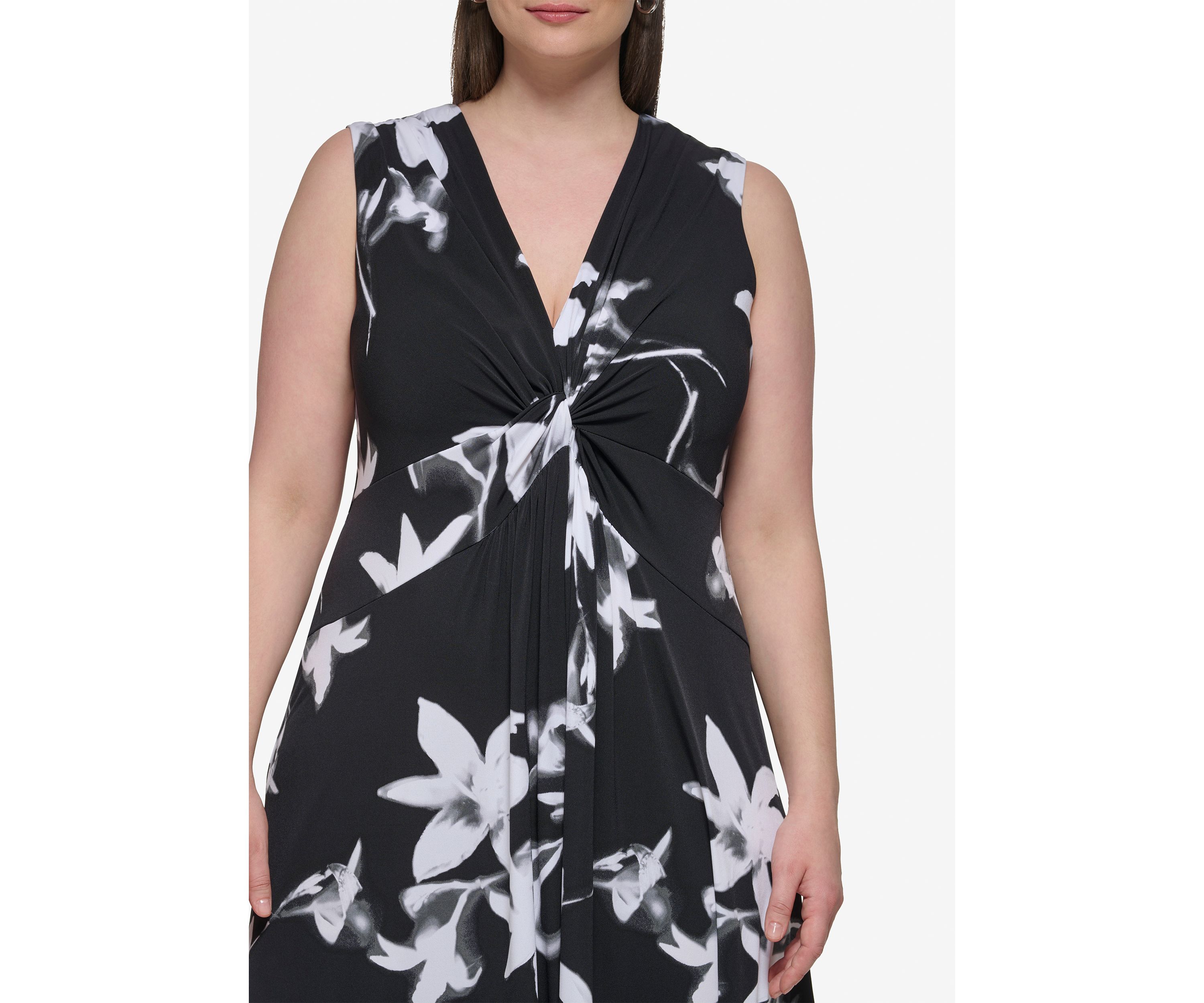 Plus Size Sleeveless V-Neck Floral Fit and Flare Midi Dress