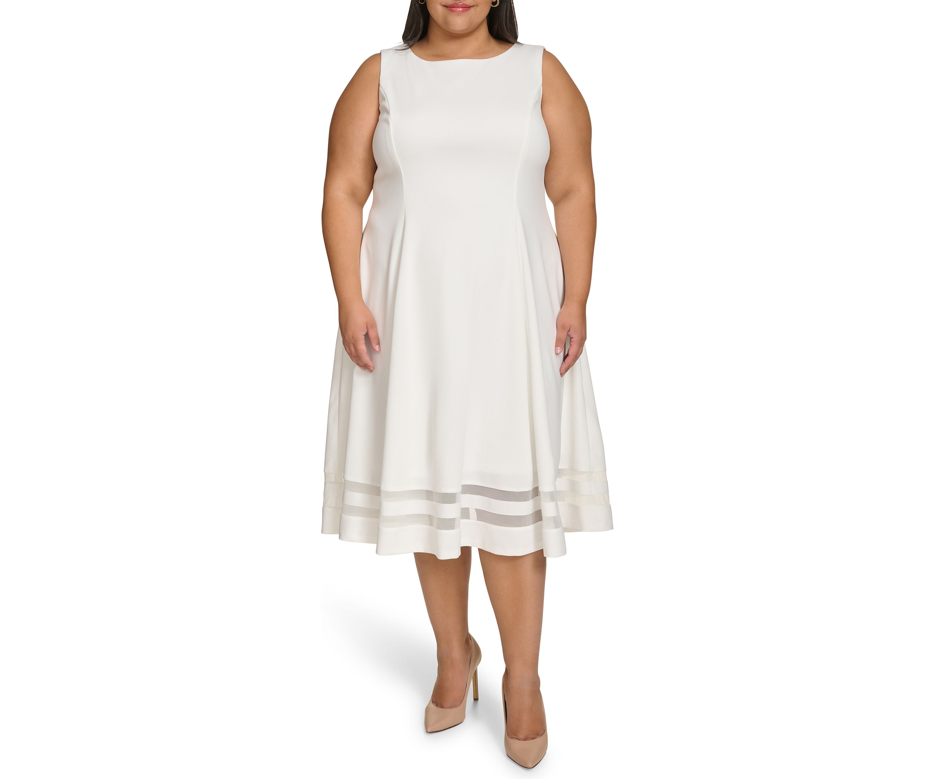 Plus Size Sleeveless Crew Neck Scuba Crepe Fit and Flare Dress