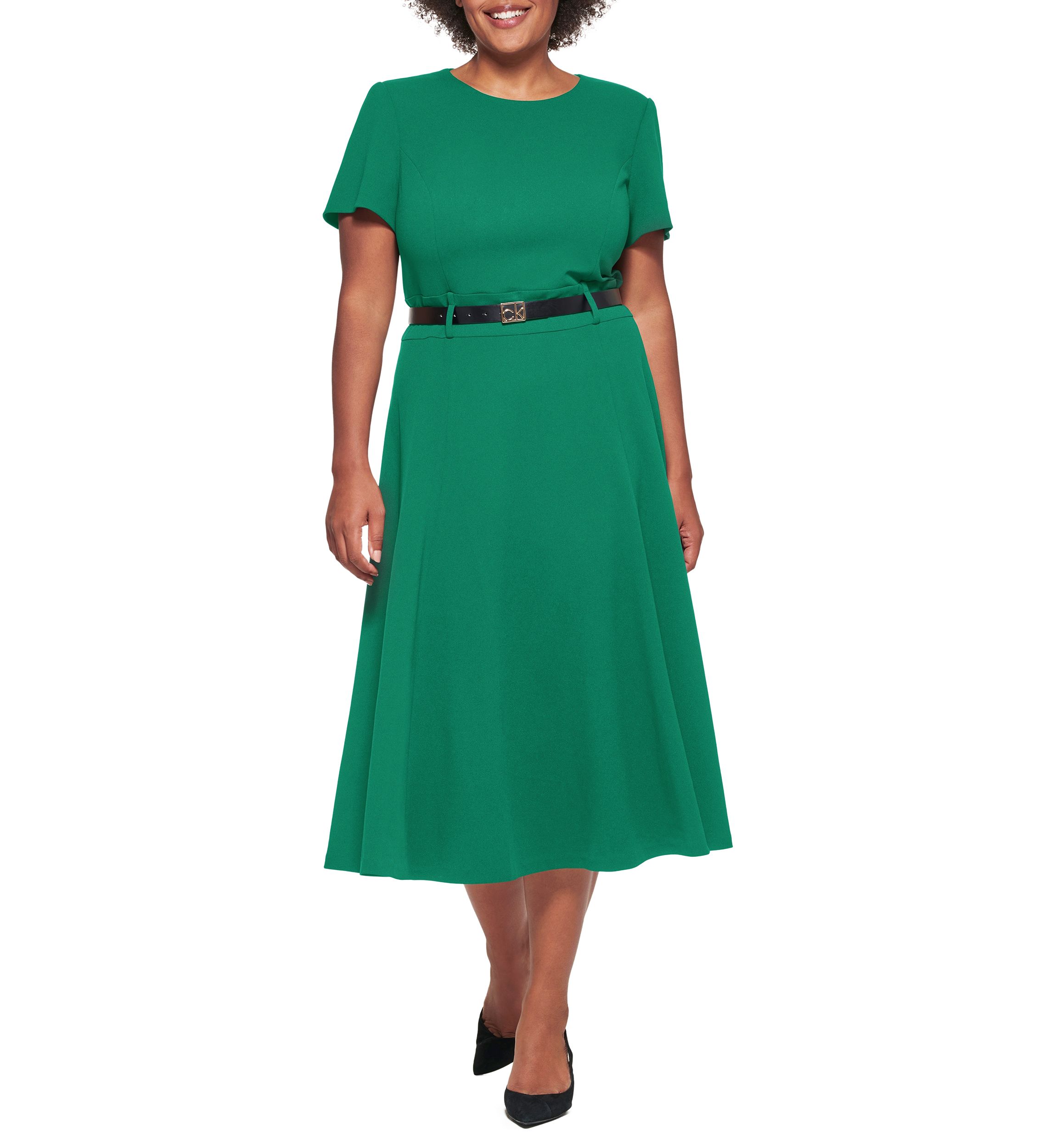 Plus Size Belt Waist Solid Fit and Flare Dress