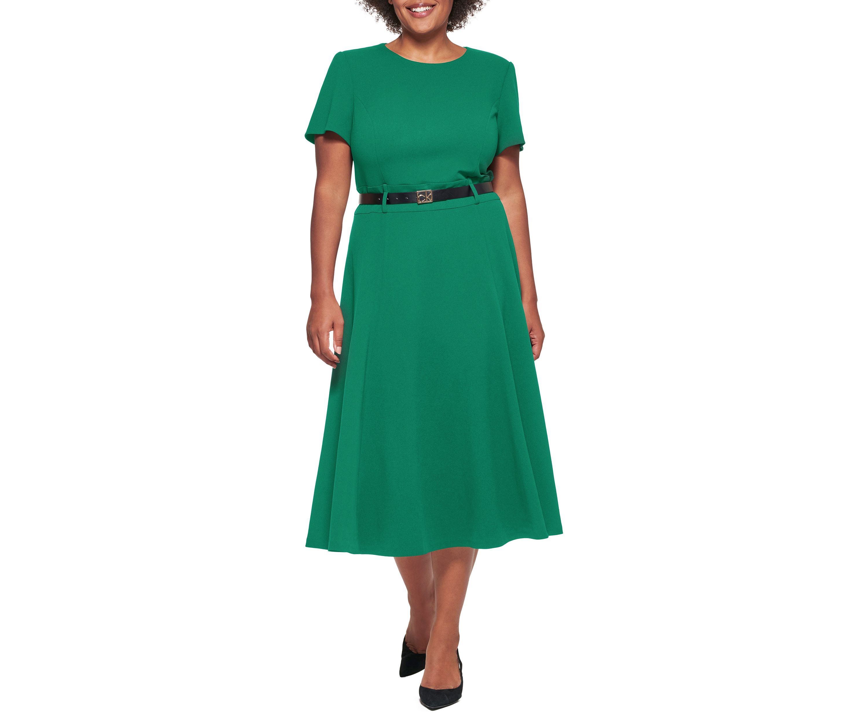Plus Size Belt Waist Solid Fit and Flare Dress