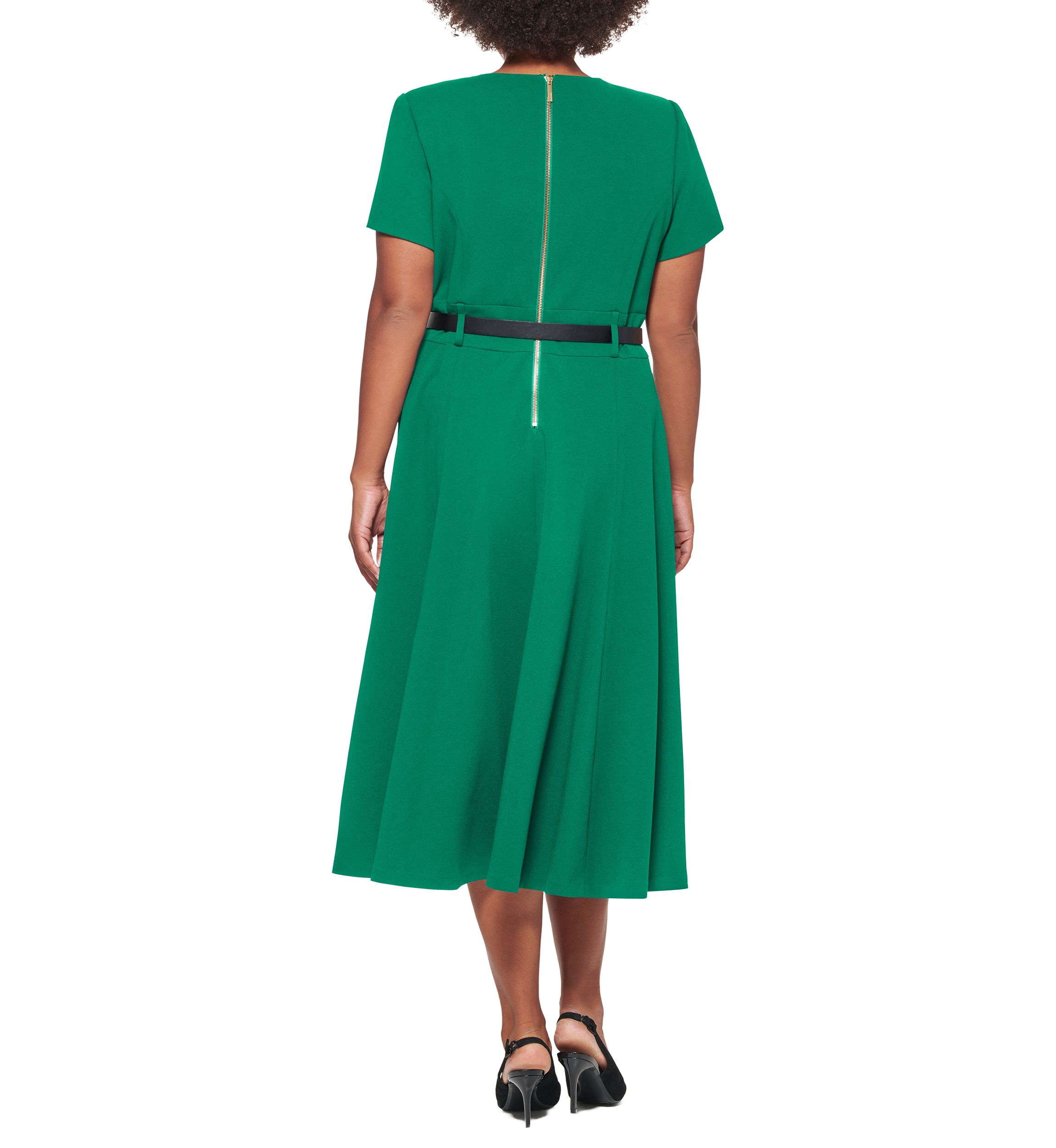 Plus Size Belt Waist Solid Fit and Flare Dress