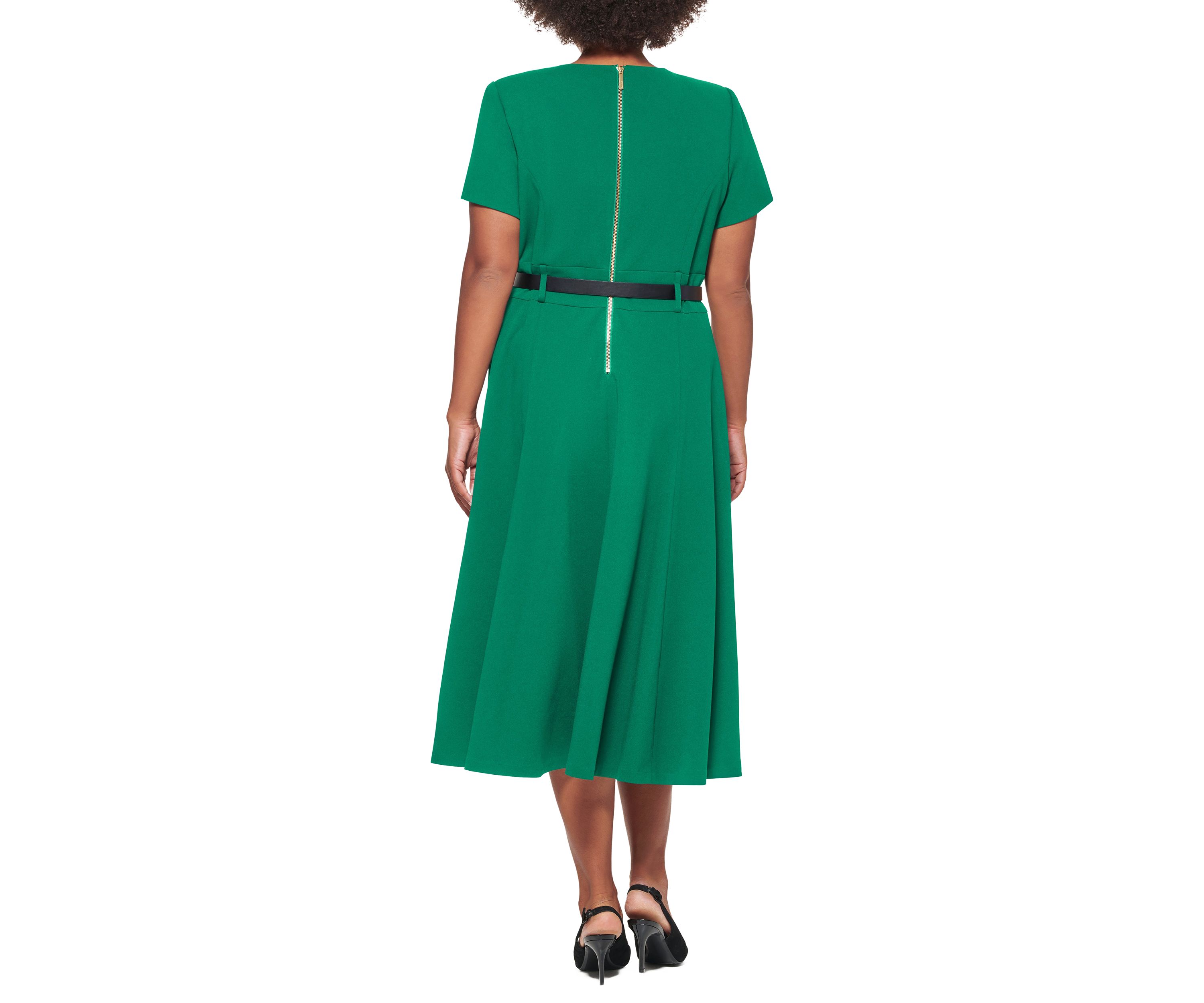 Plus Size Belt Waist Solid Fit and Flare Dress