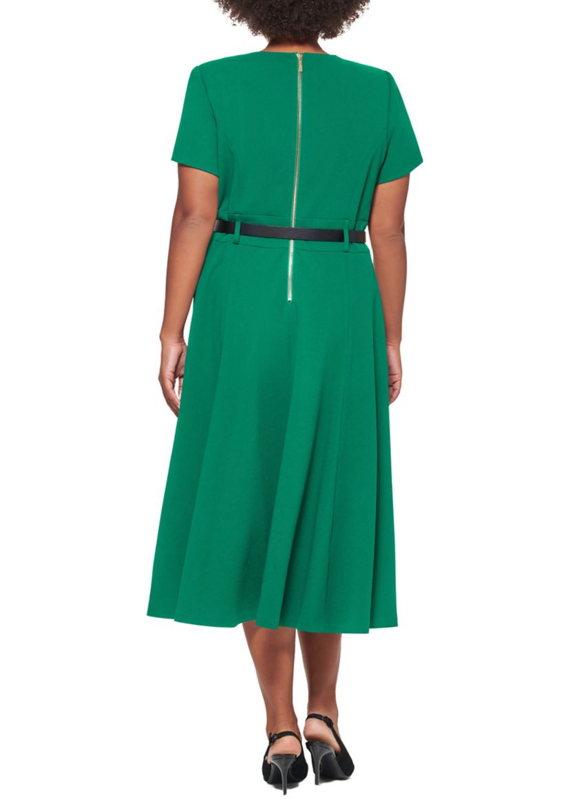 Plus Size Belt Waist Solid Fit and Flare Dress