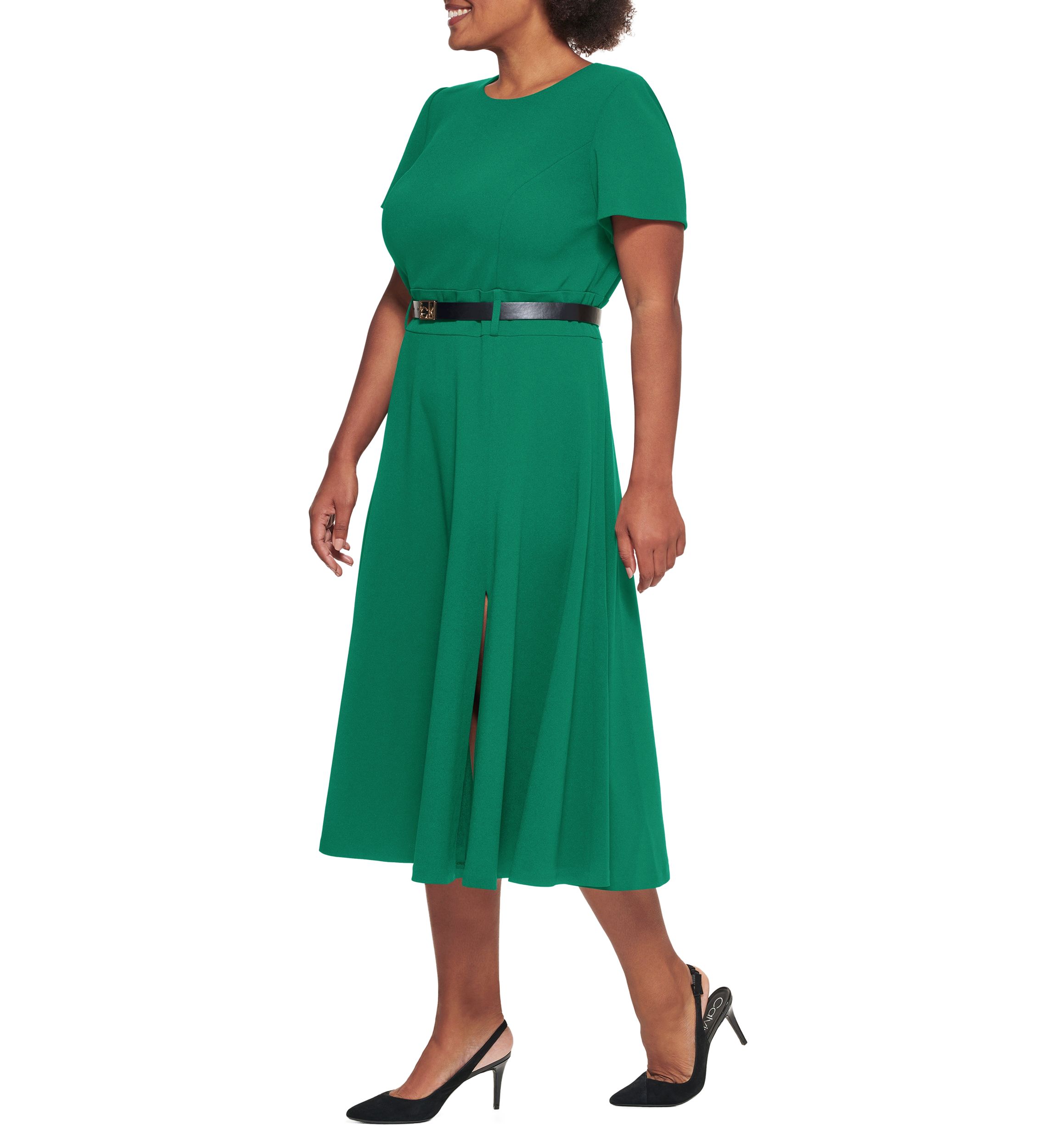 Plus Size Belt Waist Solid Fit and Flare Dress