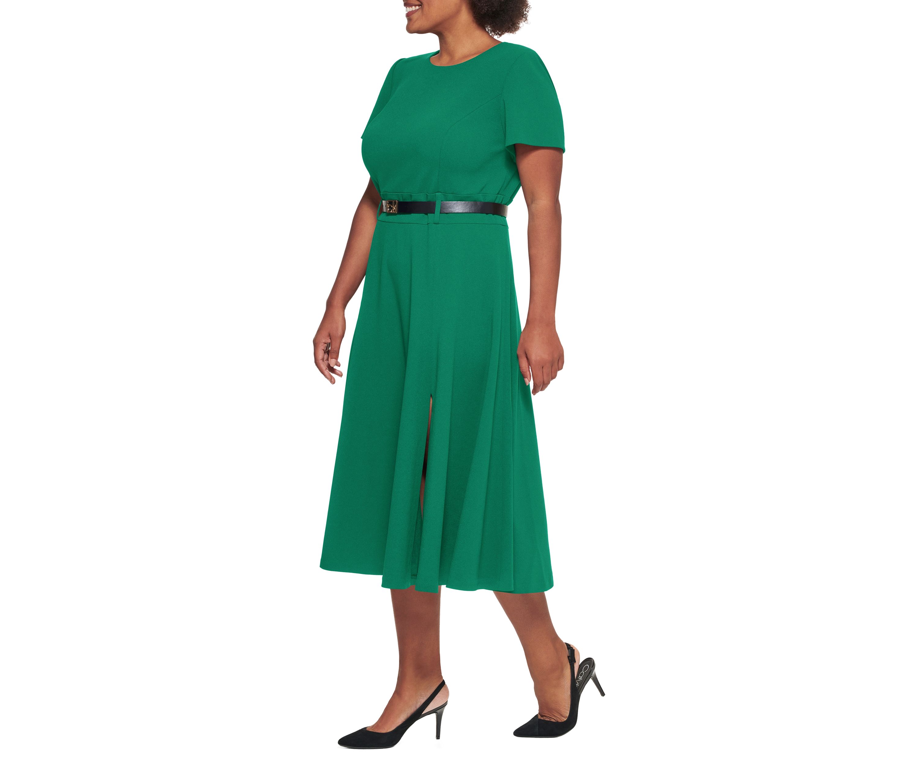 Plus Size Belt Waist Solid Fit and Flare Dress