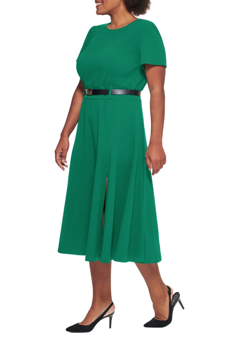 Plus Size Belt Waist Solid Fit and Flare Dress