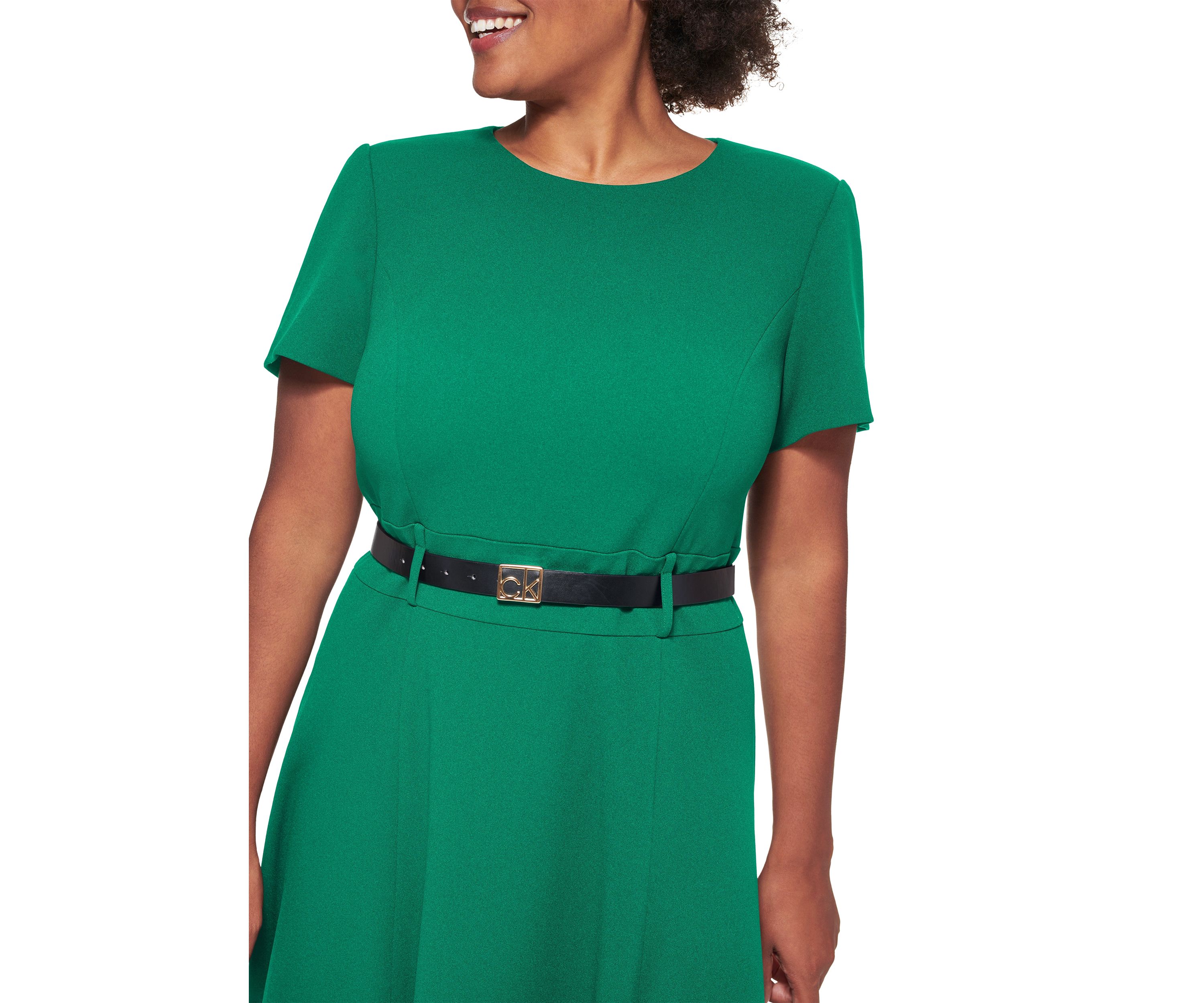 Plus Size Belt Waist Solid Fit and Flare Dress