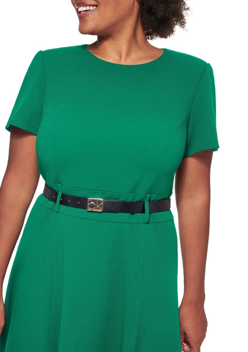 Plus Size Belt Waist Solid Fit and Flare Dress