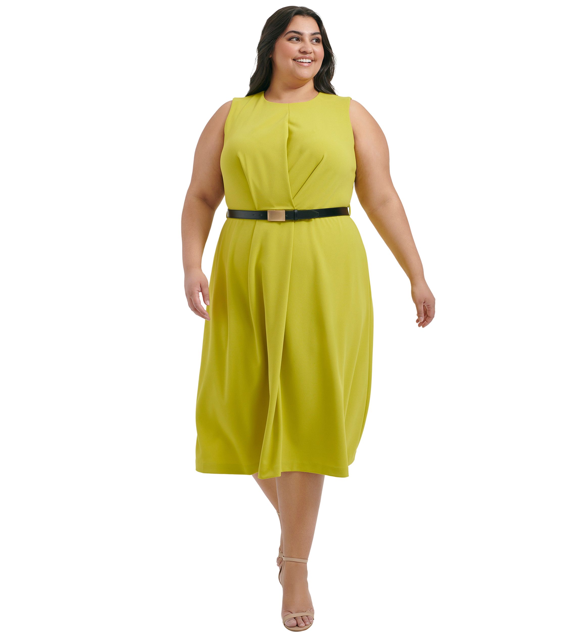 Plus Size Sleeveless Scoop Neck Solid Belted Fit and Flare Dress
