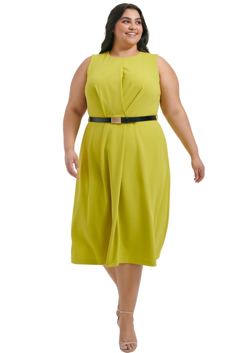 Plus Size Sleeveless Scoop Neck Solid Belted Fit and Flare Dress