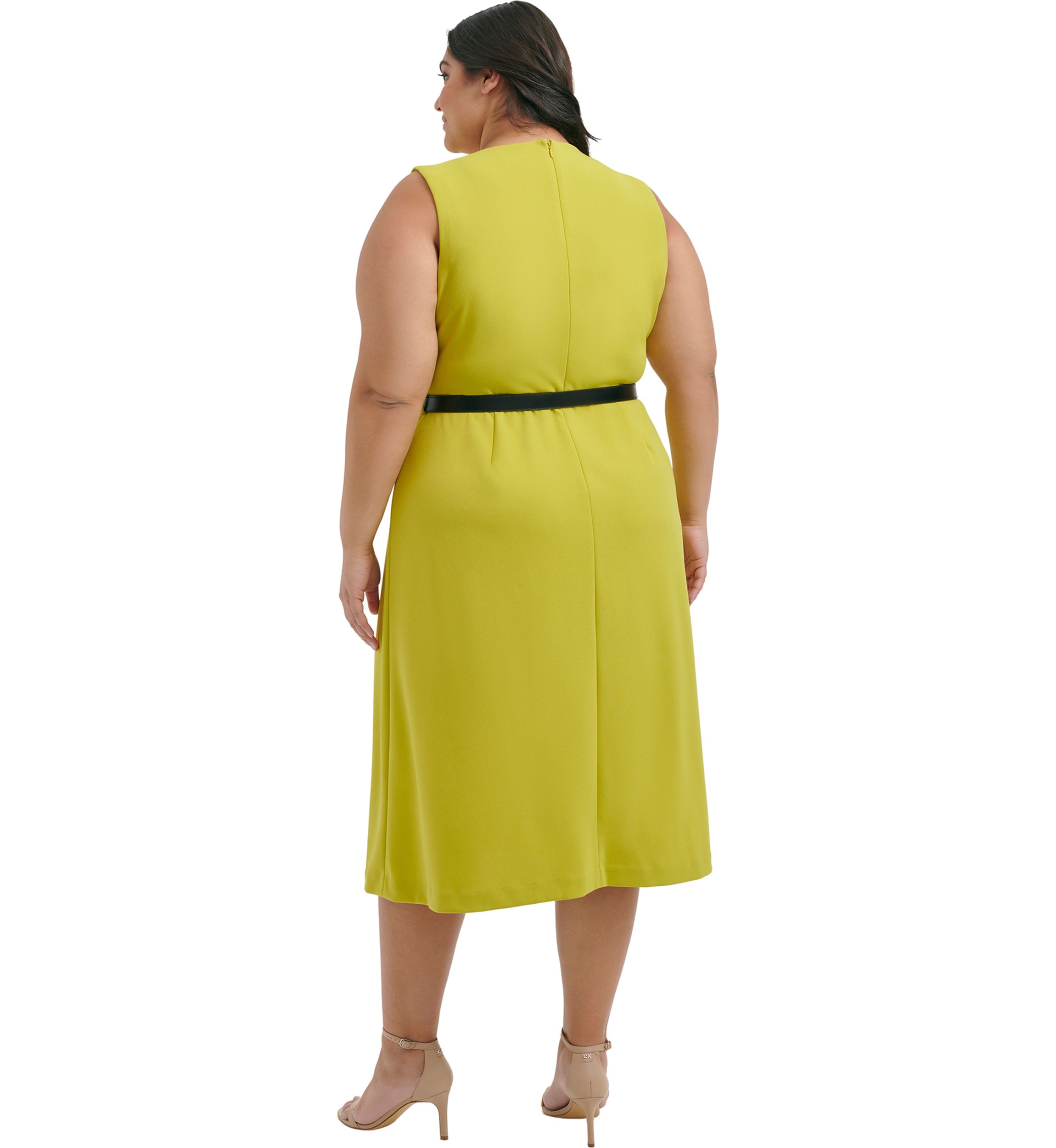 Plus Size Sleeveless Scoop Neck Solid Belted Fit and Flare Dress