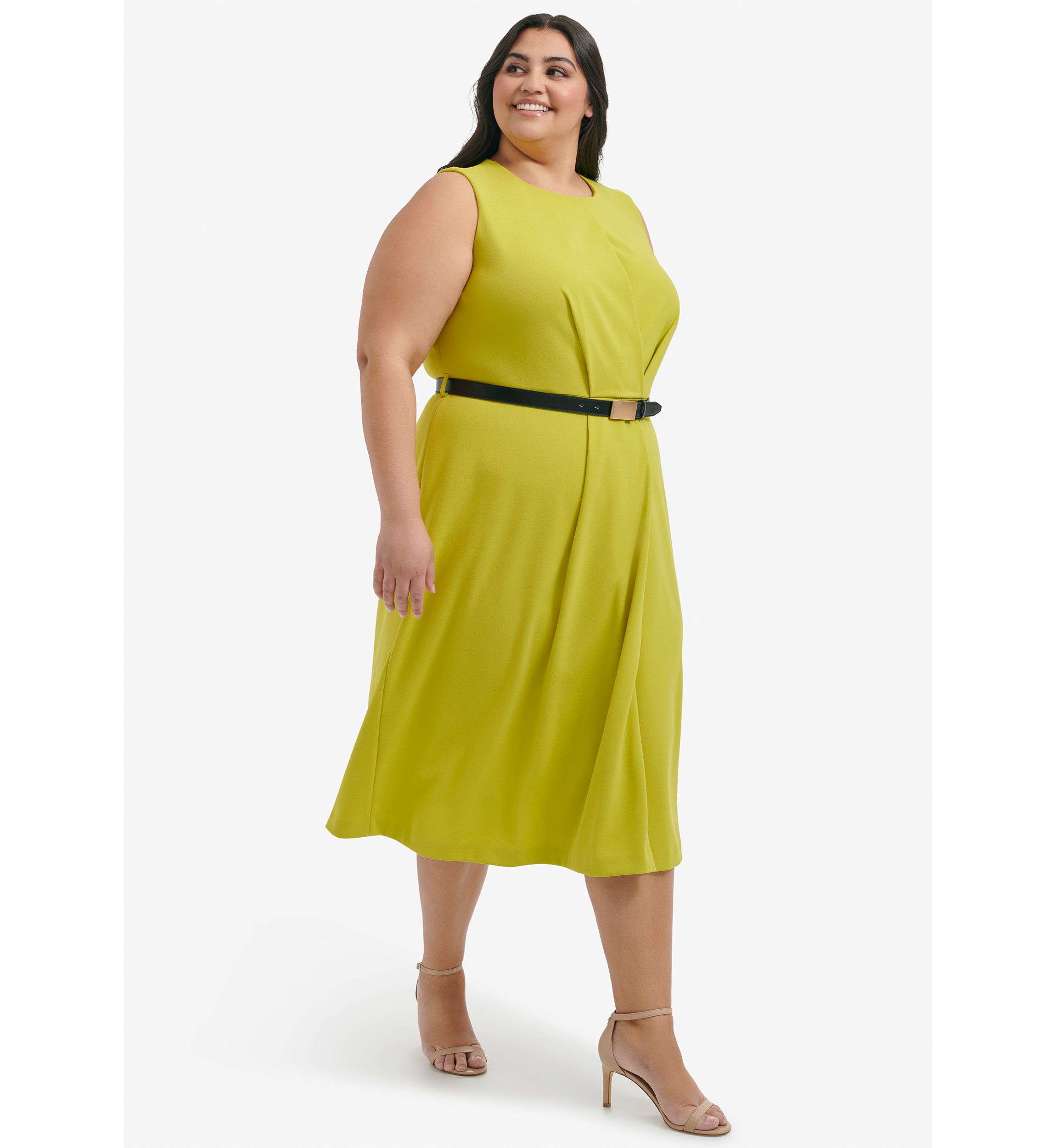 Plus Size Sleeveless Scoop Neck Solid Belted Fit and Flare Dress