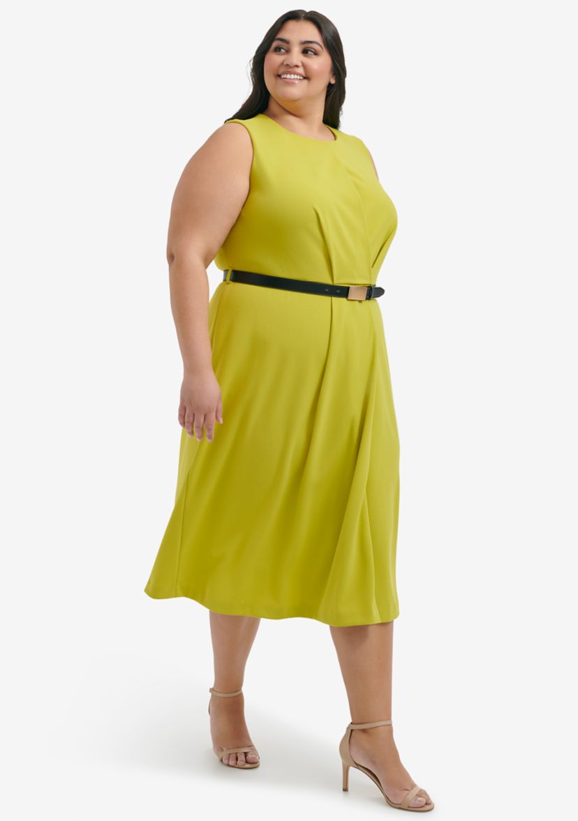 Plus Size Sleeveless Scoop Neck Solid Belted Fit and Flare Dress