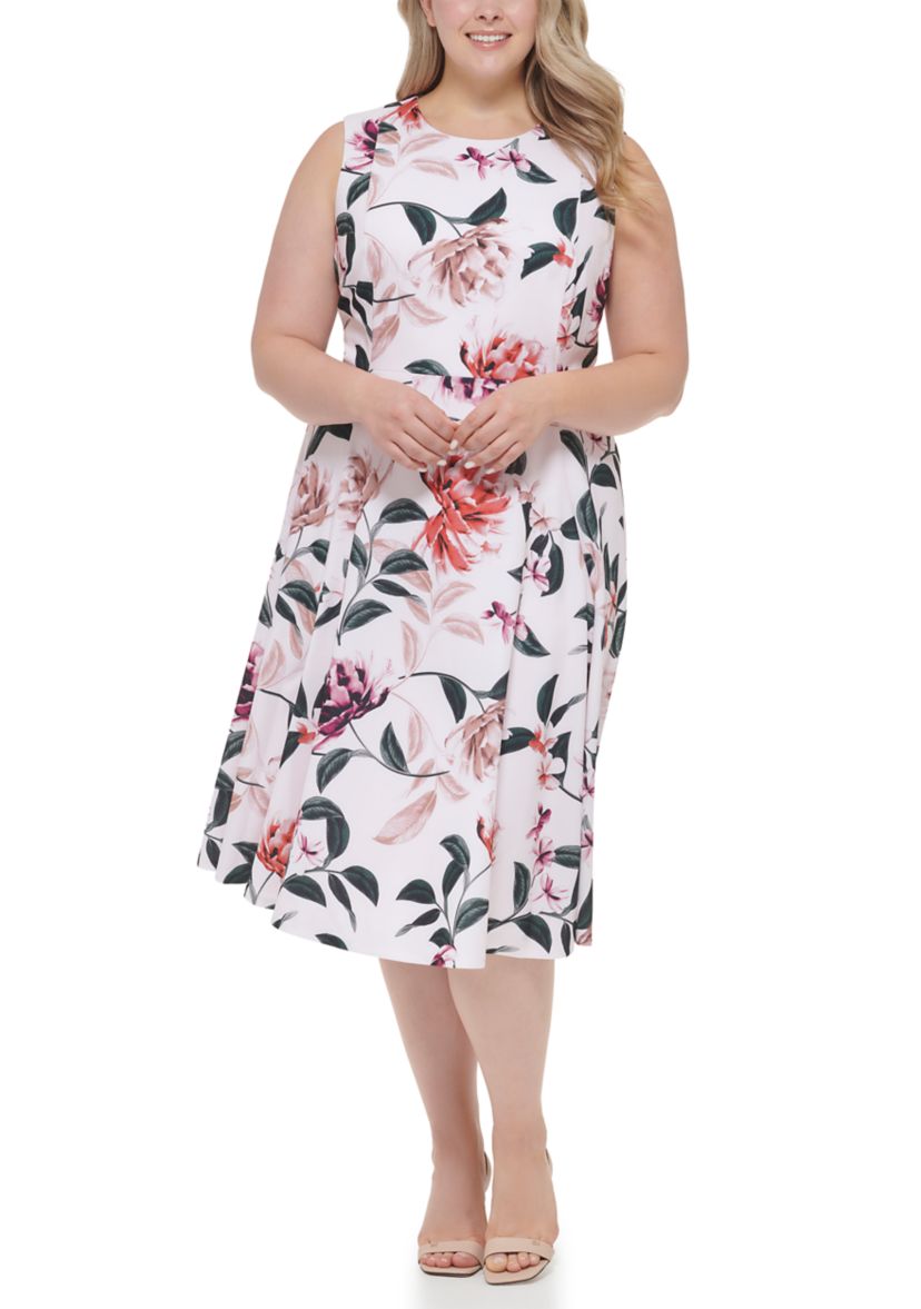 Plus Size Sleeveless Floral Scuba Crepe Fit and Flare Dress