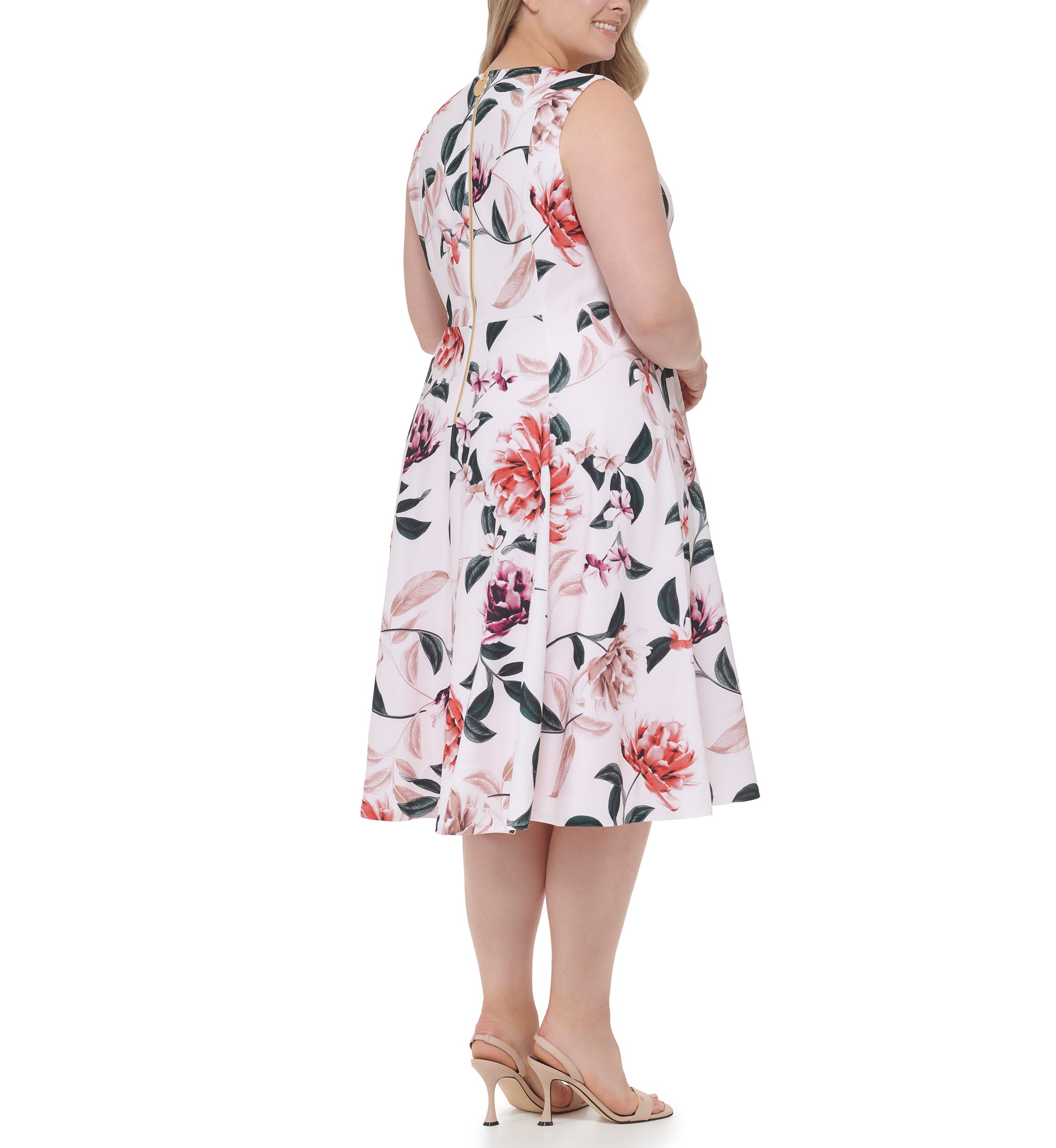 Plus Size Sleeveless Floral Scuba Crepe Fit and Flare Dress