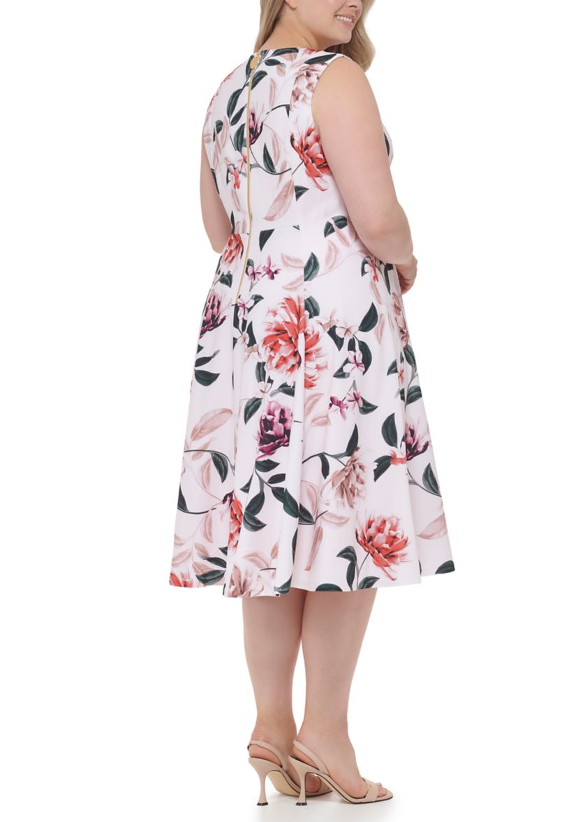 Plus Size Sleeveless Floral Scuba Crepe Fit and Flare Dress
