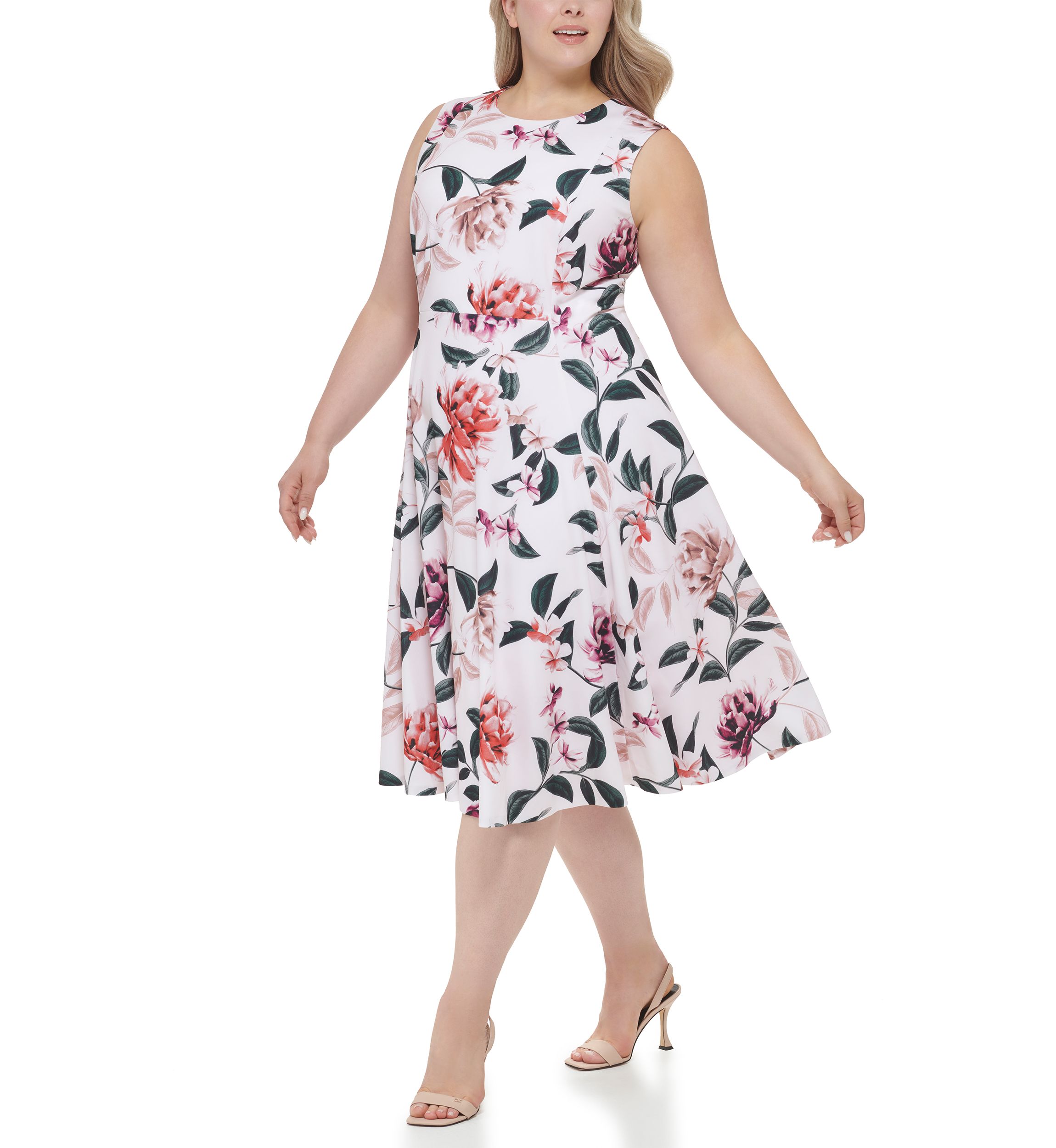 Plus Size Sleeveless Floral Scuba Crepe Fit and Flare Dress