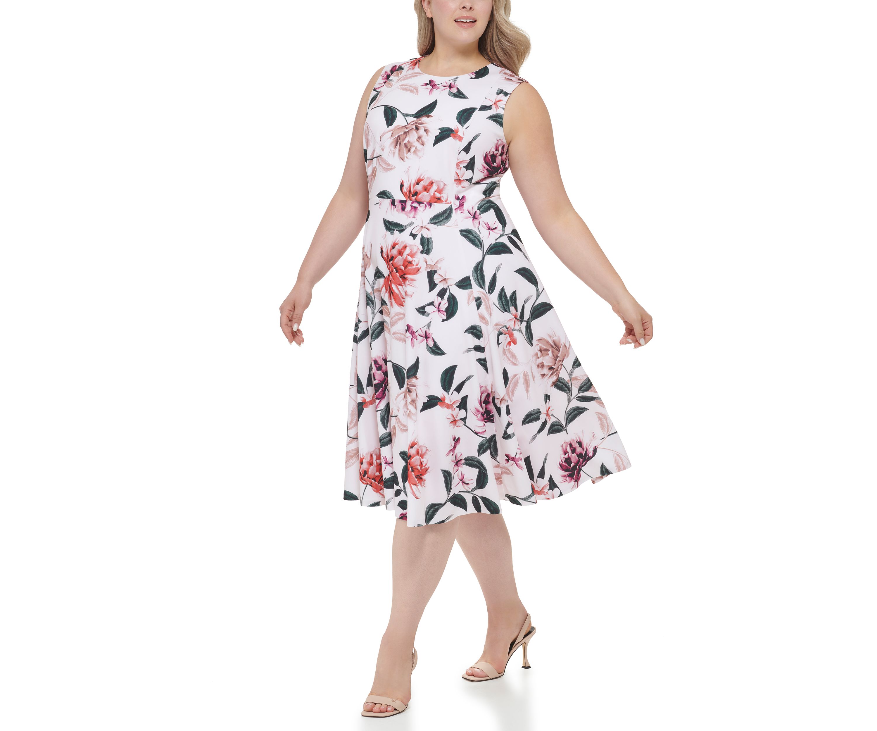 Plus Size Sleeveless Floral Scuba Crepe Fit and Flare Dress