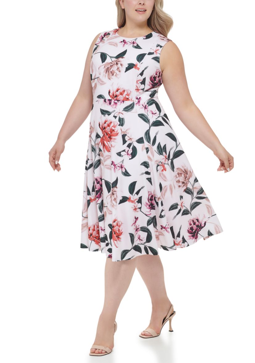 Plus Size Sleeveless Floral Scuba Crepe Fit and Flare Dress