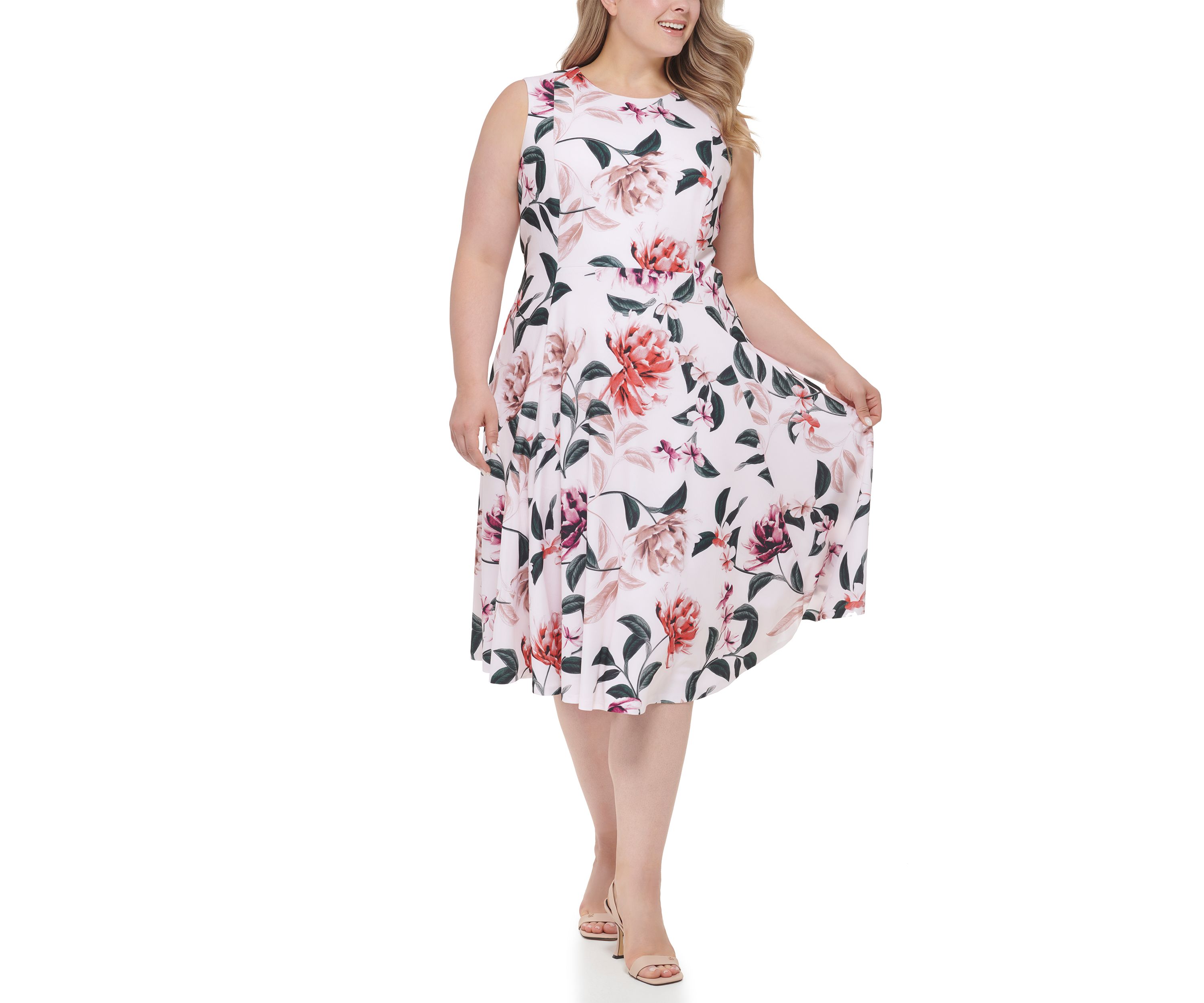 Plus Size Sleeveless Floral Scuba Crepe Fit and Flare Dress
