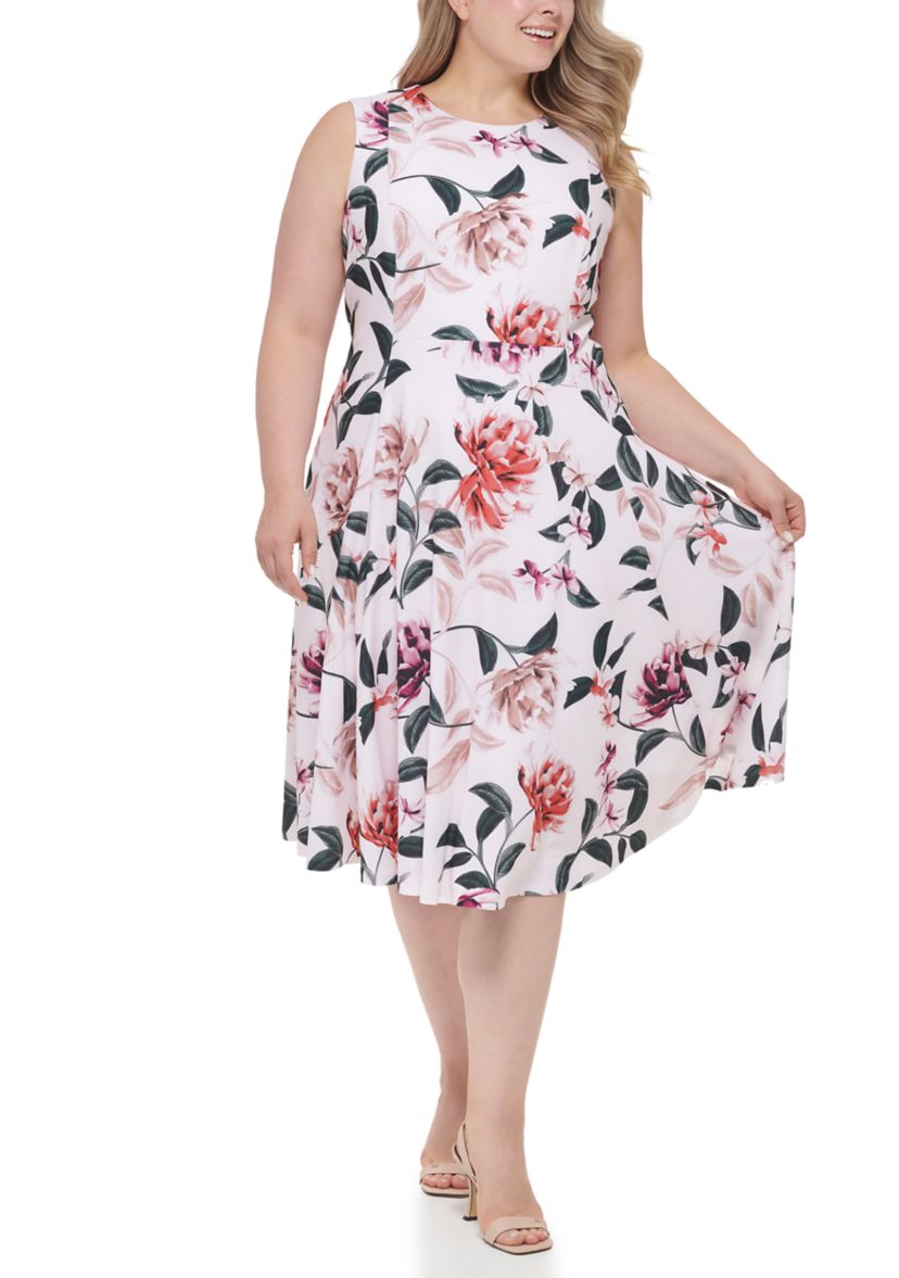 Plus Size Sleeveless Floral Scuba Crepe Fit and Flare Dress