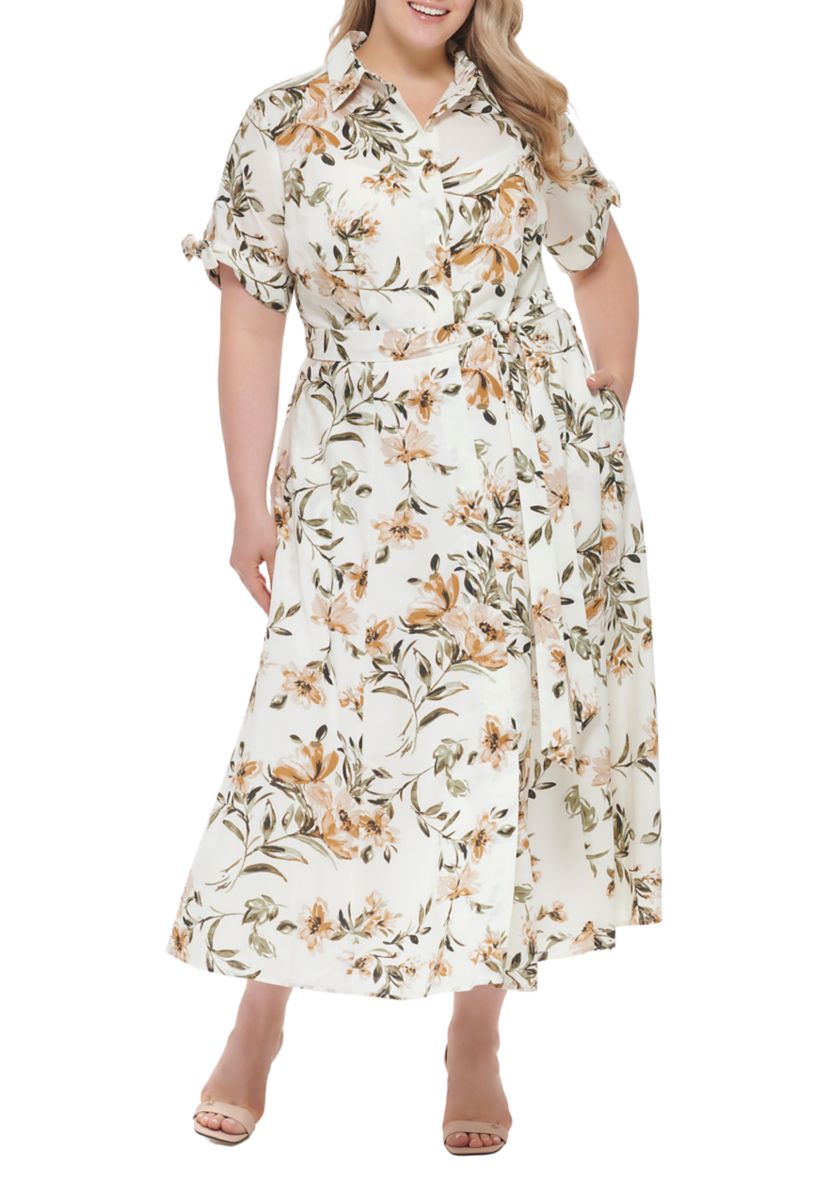 Plus Size Short Sleeve Collared Floral Maxi Dress