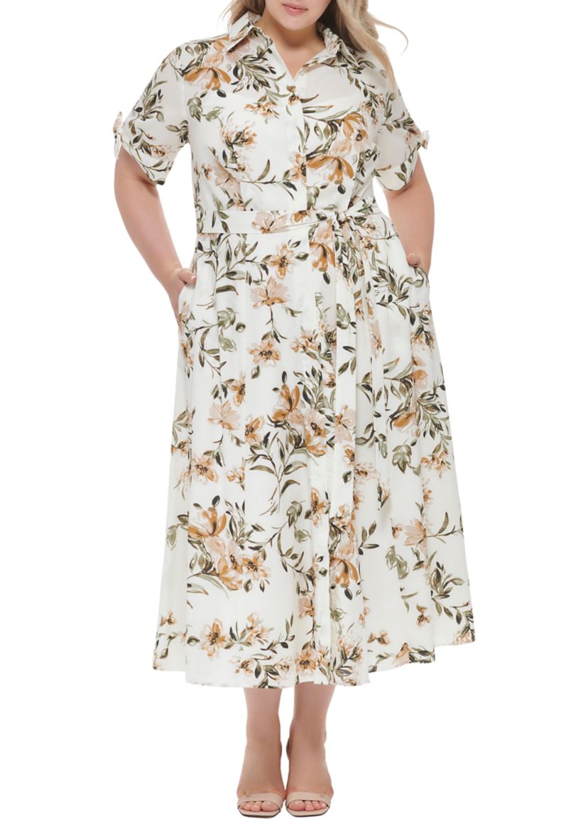 Plus Size Short Sleeve Collared Floral Maxi Dress