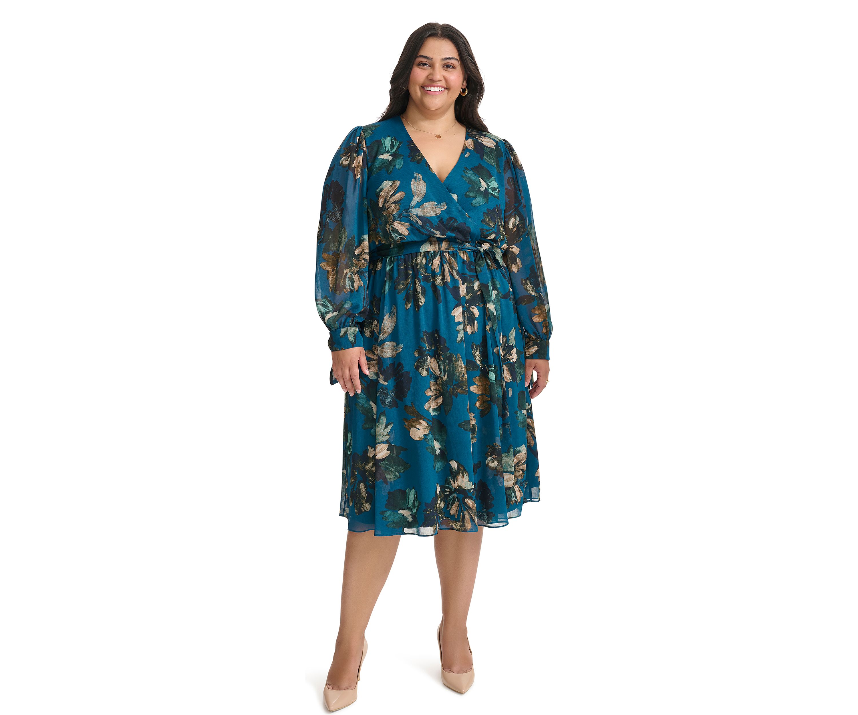 Plus Size Long Sleeve V-Neck Abstract Print Fit and Flare Dress