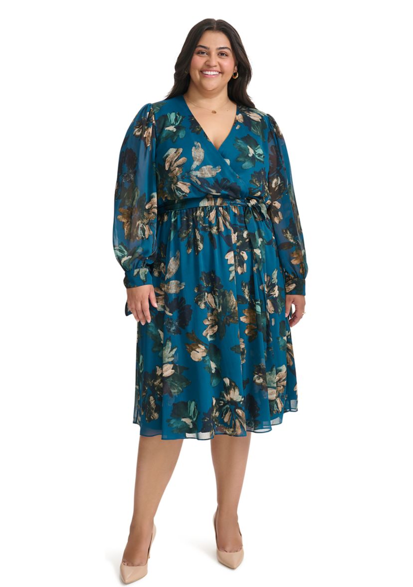Plus Size Long Sleeve V-Neck Abstract Print Fit and Flare Dress