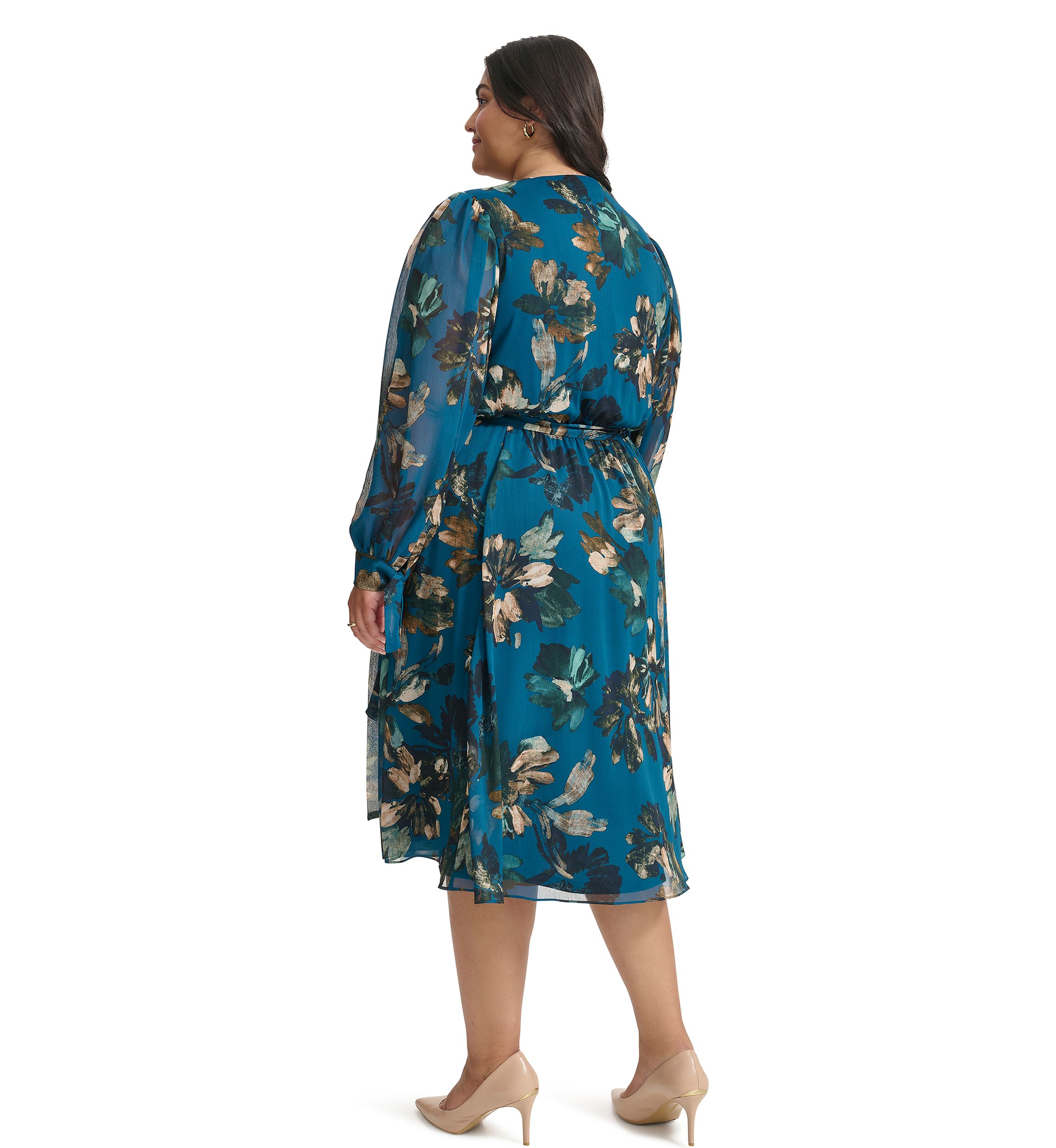 Plus Size Long Sleeve V-Neck Abstract Print Fit and Flare Dress