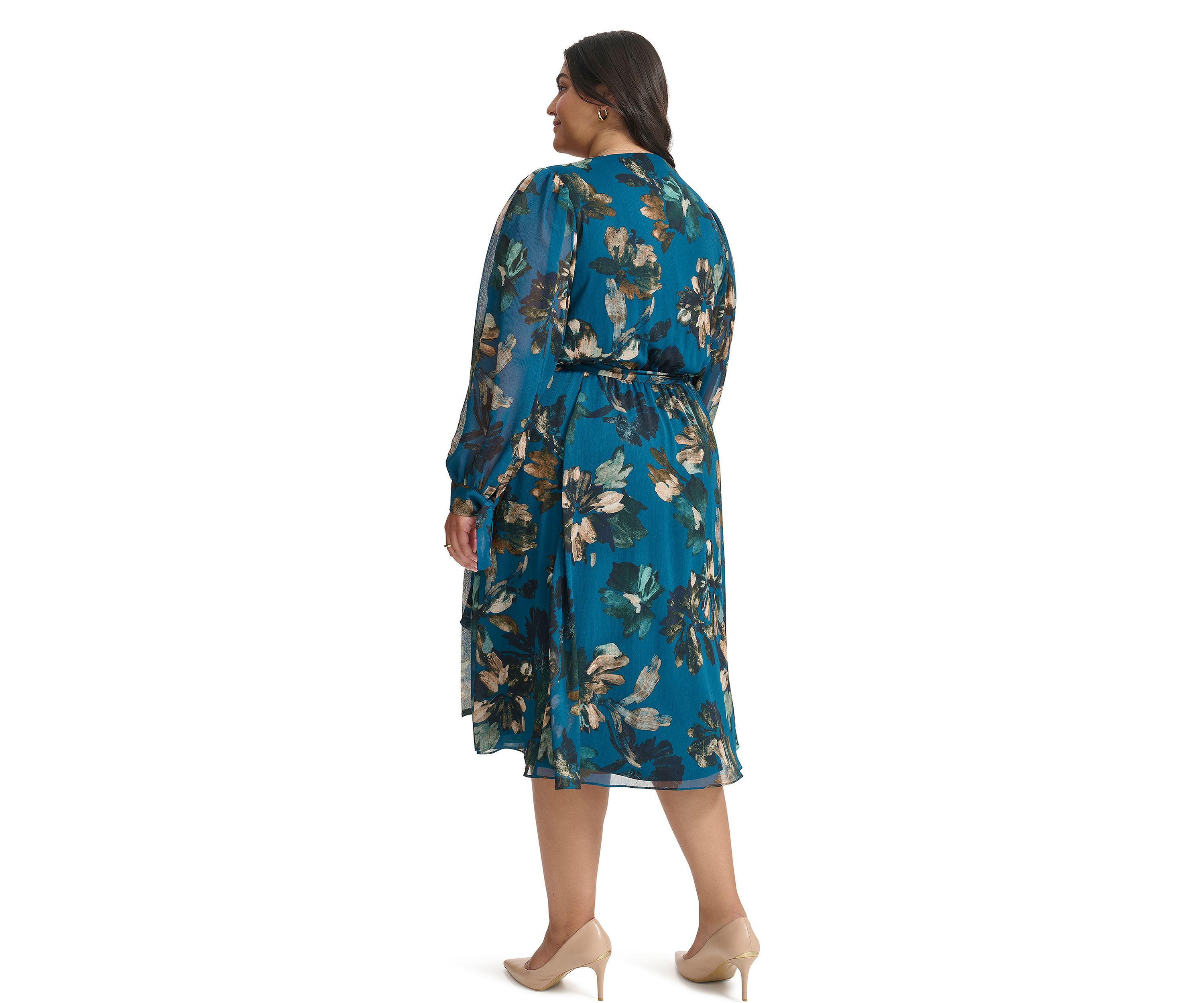 Plus Size Long Sleeve V-Neck Abstract Print Fit and Flare Dress