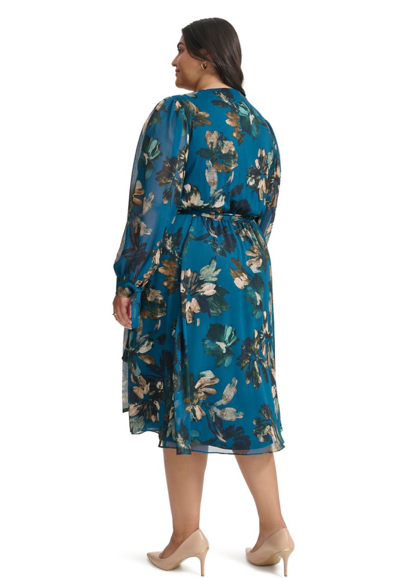 Plus Size Long Sleeve V-Neck Abstract Print Fit and Flare Dress