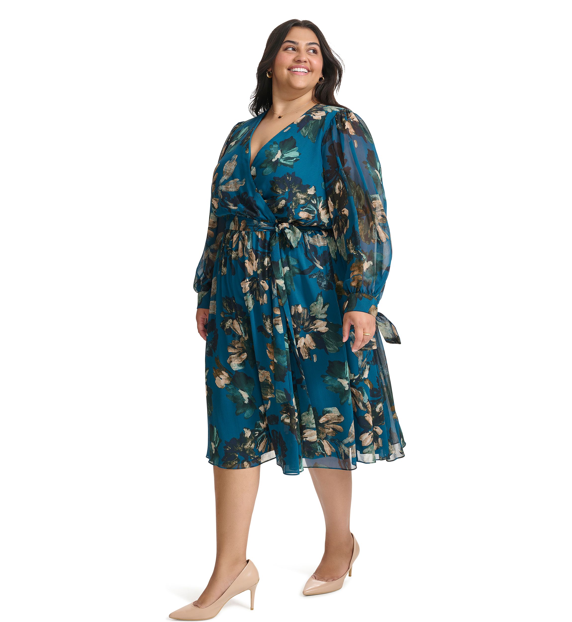 Plus Size Long Sleeve V-Neck Abstract Print Fit and Flare Dress
