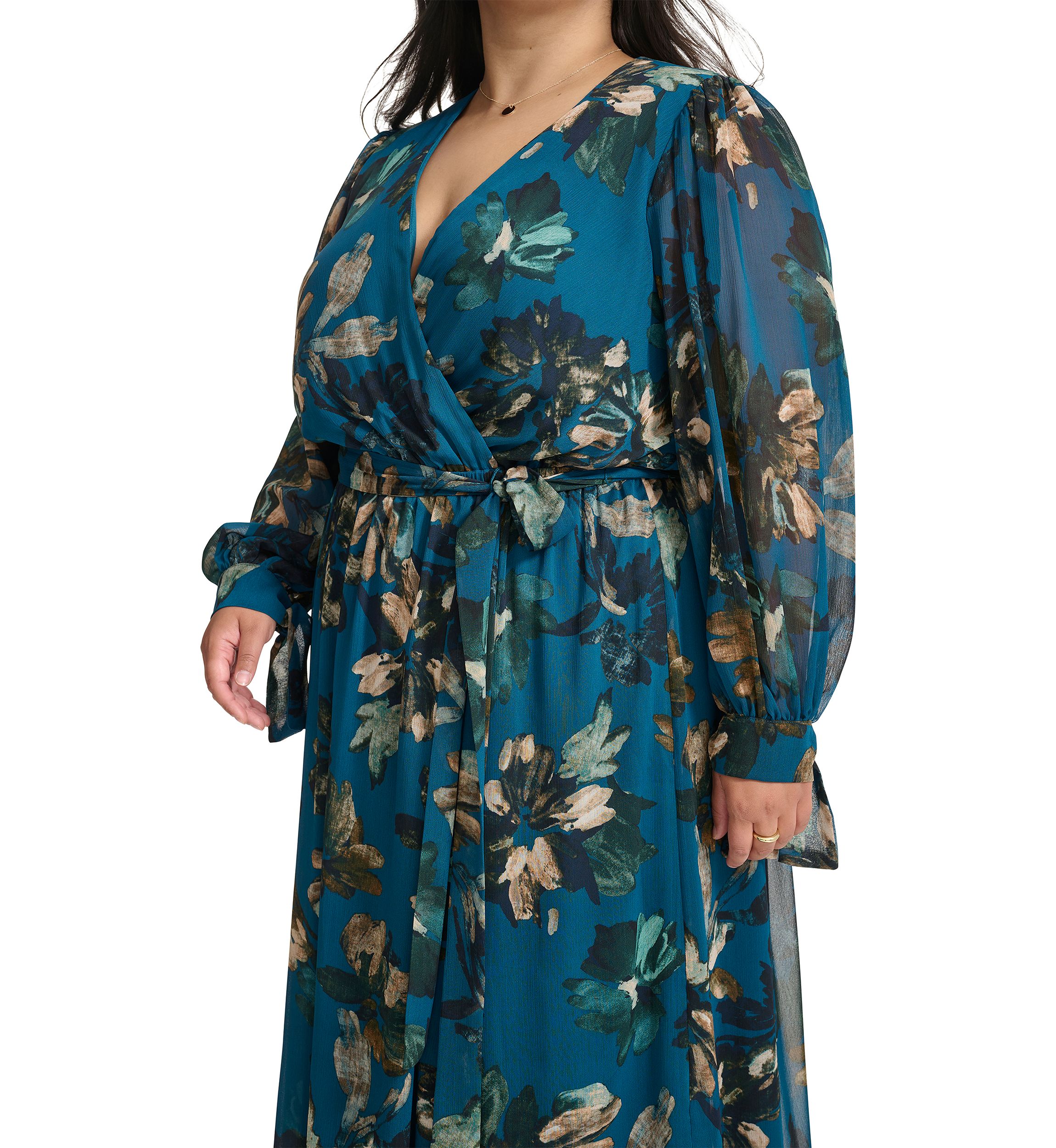 Plus Size Long Sleeve V-Neck Abstract Print Fit and Flare Dress