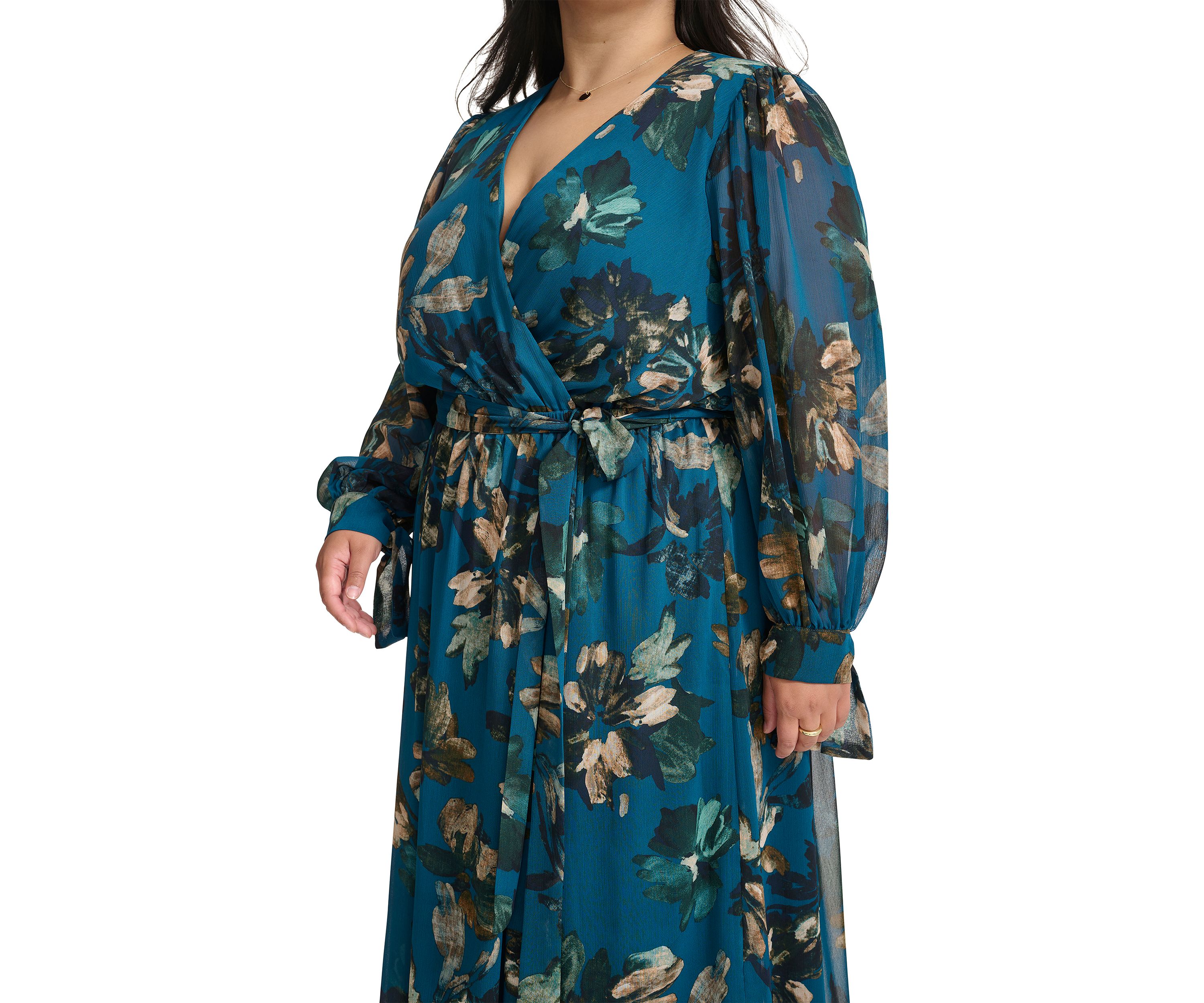 Plus Size Long Sleeve V-Neck Abstract Print Fit and Flare Dress
