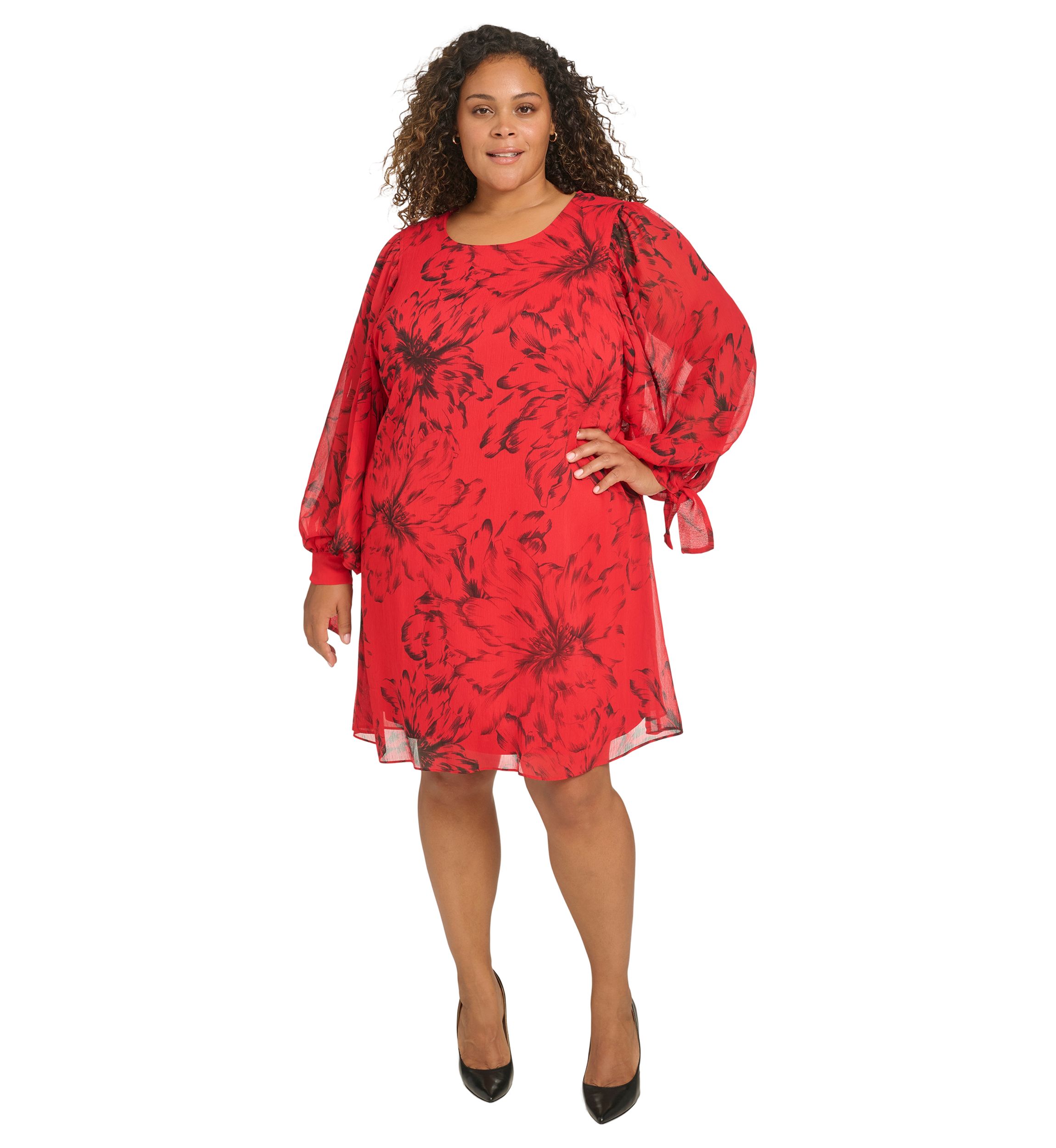 Plus Size Trapeze Chiffon Dress with Puff Sleeves