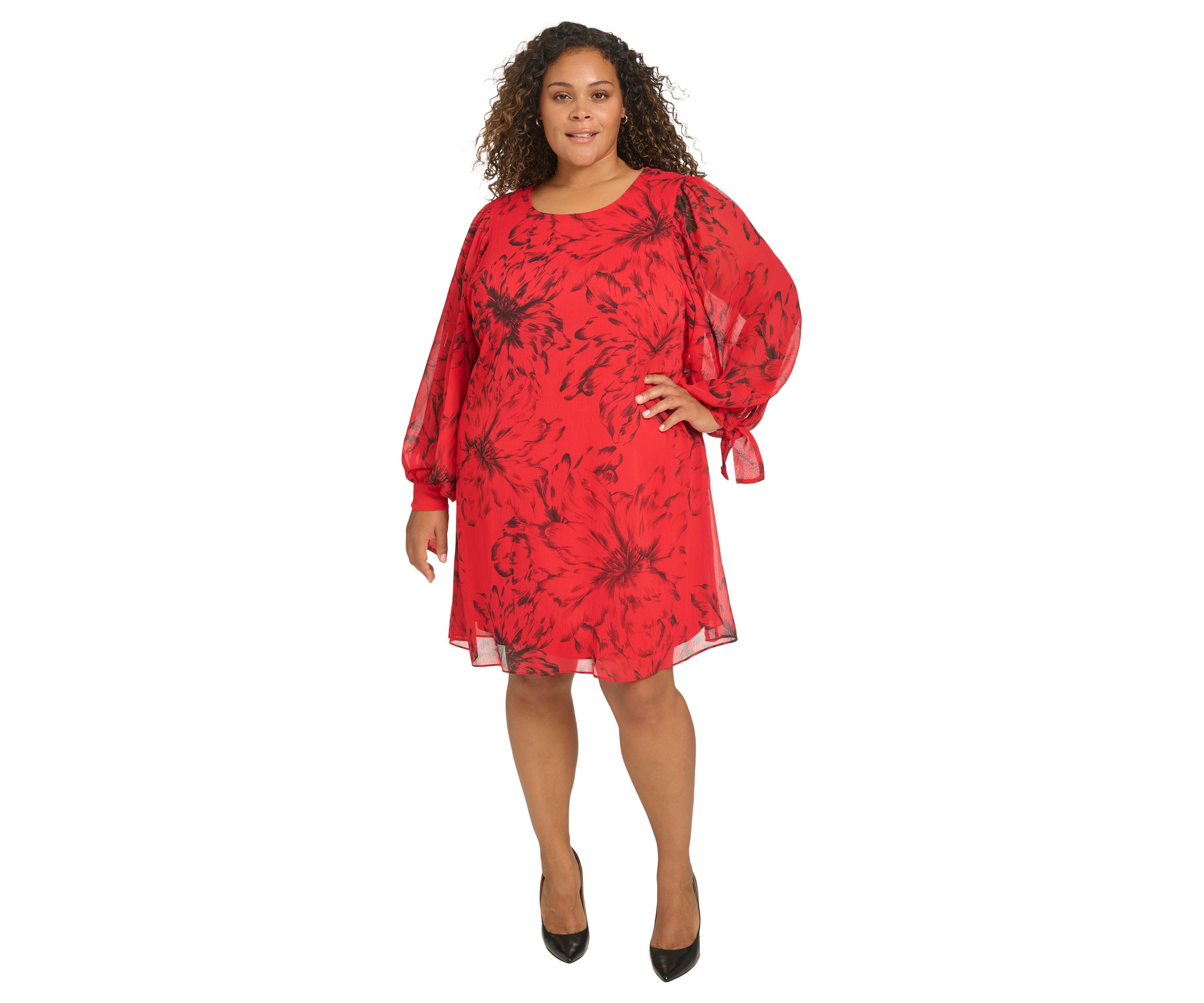 Plus Size Trapeze Chiffon Dress with Puff Sleeves