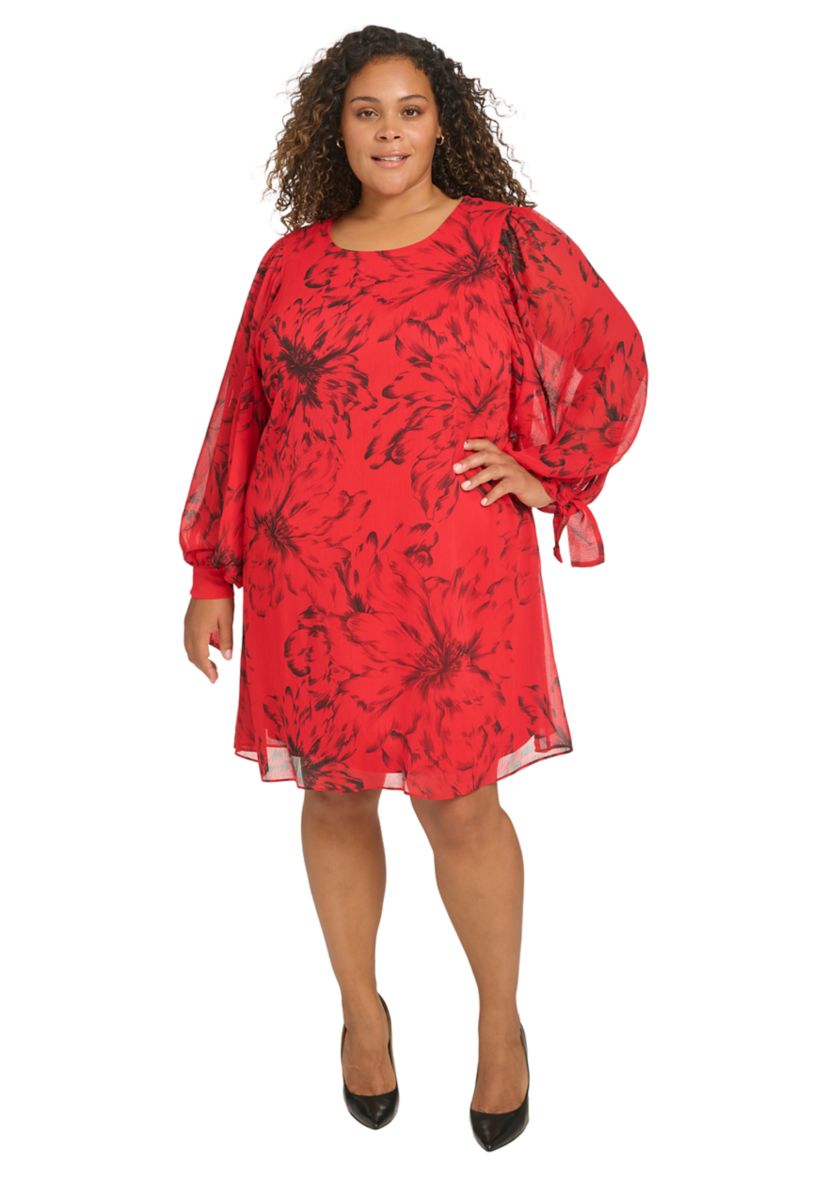 Plus Size Trapeze Chiffon Dress with Puff Sleeves