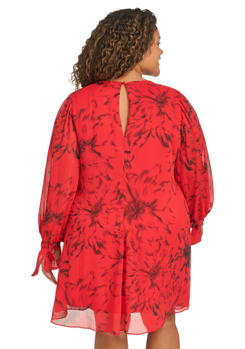 Plus Size Trapeze Chiffon Dress with Puff Sleeves