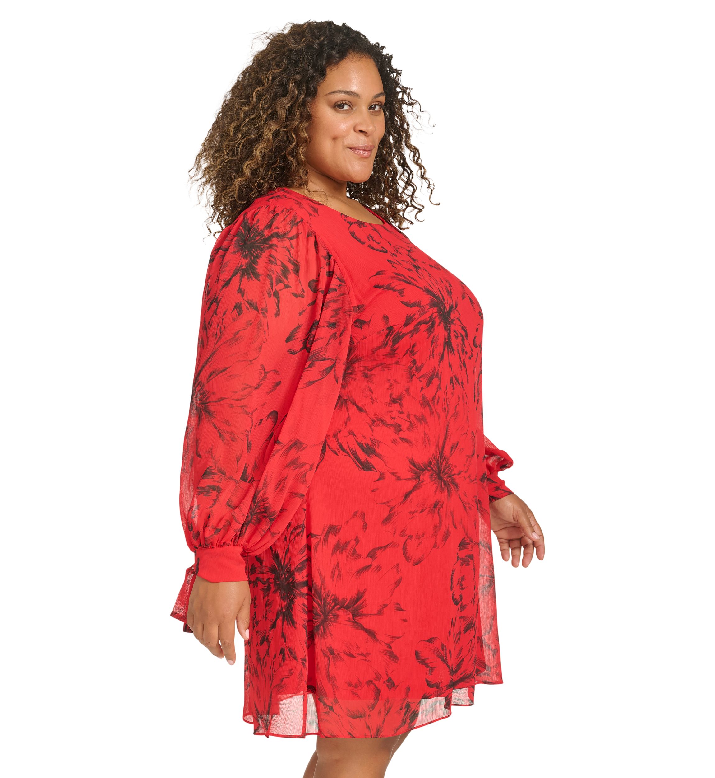 Plus Size Trapeze Chiffon Dress with Puff Sleeves