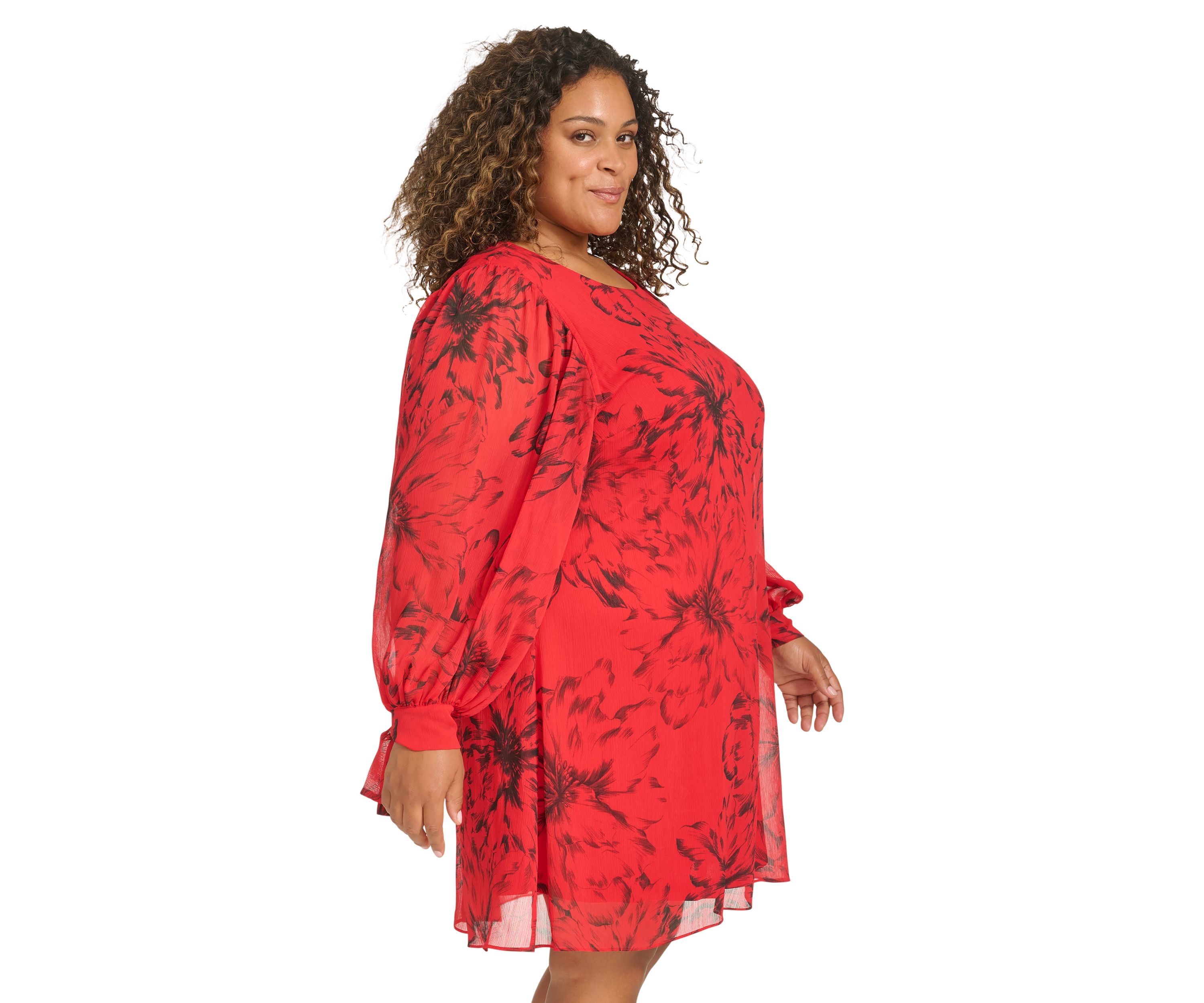 Plus Size Trapeze Chiffon Dress with Puff Sleeves