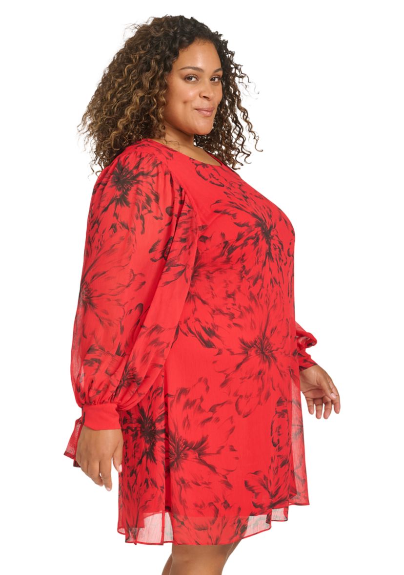 Plus Size Trapeze Chiffon Dress with Puff Sleeves